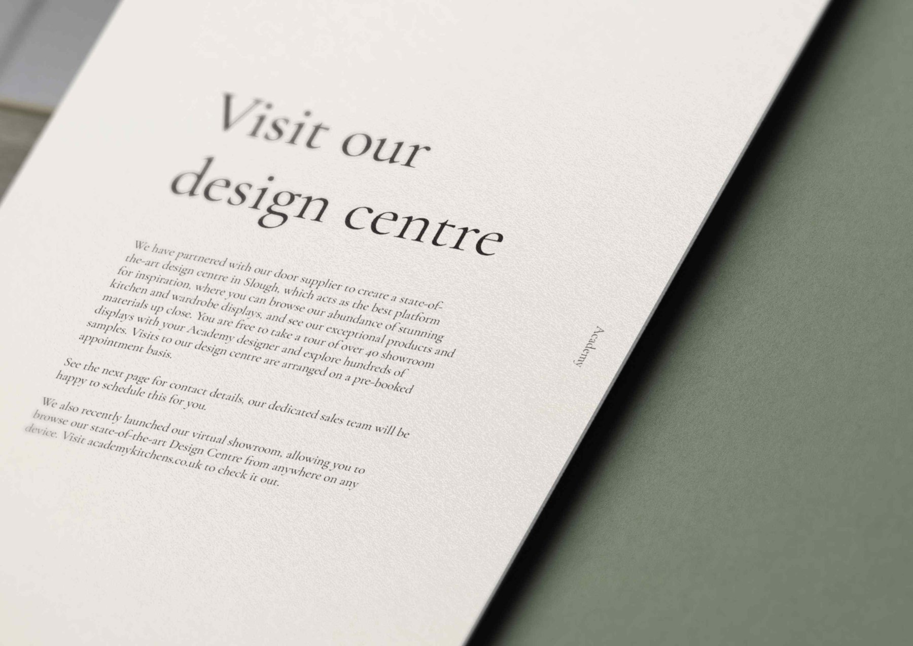 Academy Kitchens brochure page reading Visit our design centre, describing the Slough showroom and virtual showroom, print design by HDEY
