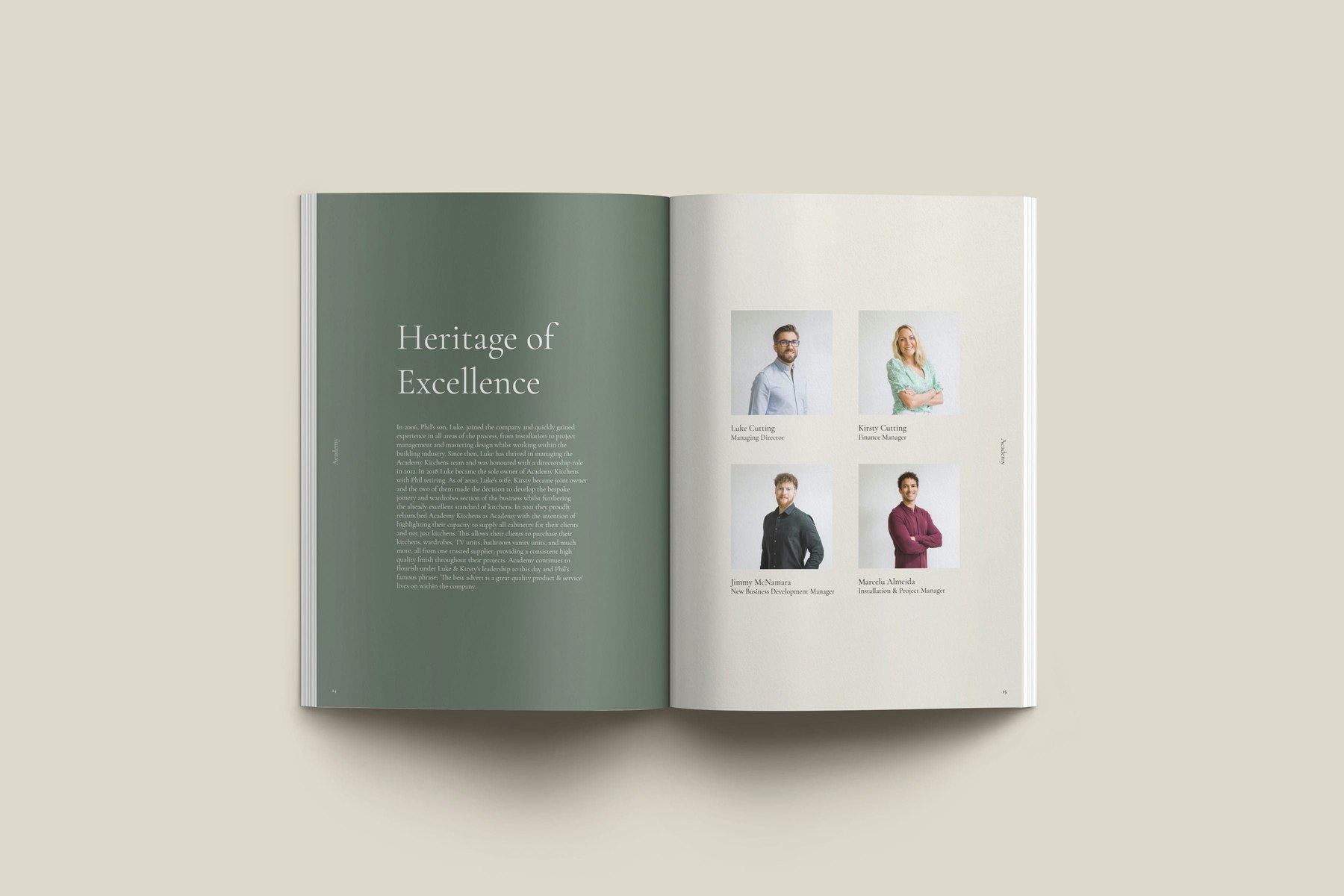 Academy Kitchens brochure open at the Heritage of Excellence spread with team portraits, print design by HDEY
