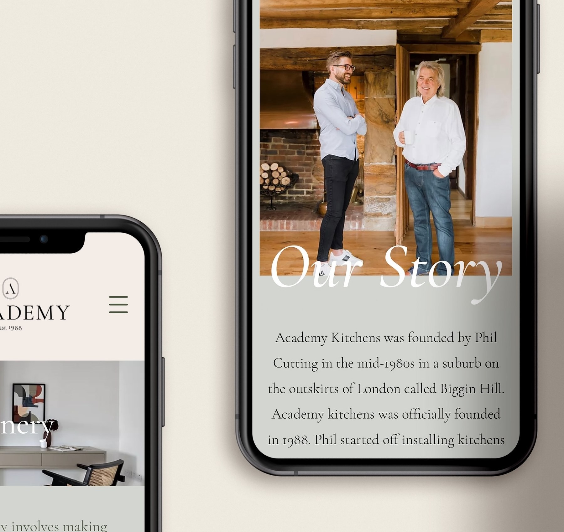 Academy Kitchens website shown on two phones, with the Our Story page and a portrait of the founders, web design by HDEY