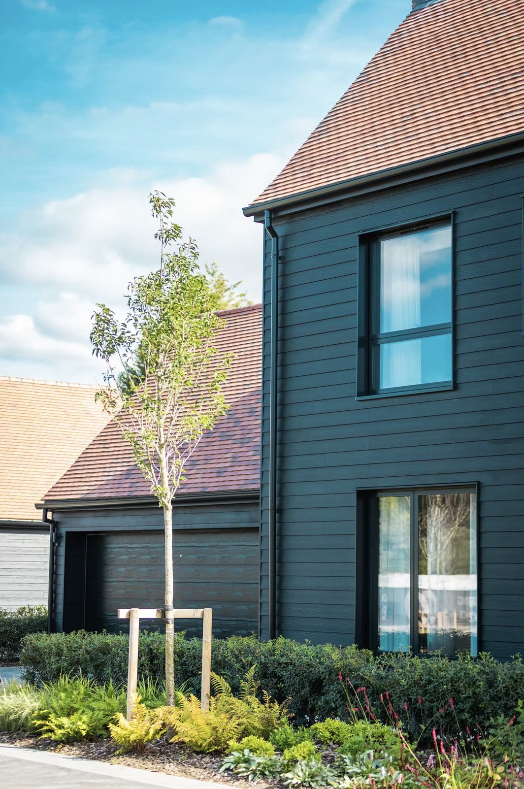 Alfold Gardens exterior detail with landscaping and dark cladding, Surrey
