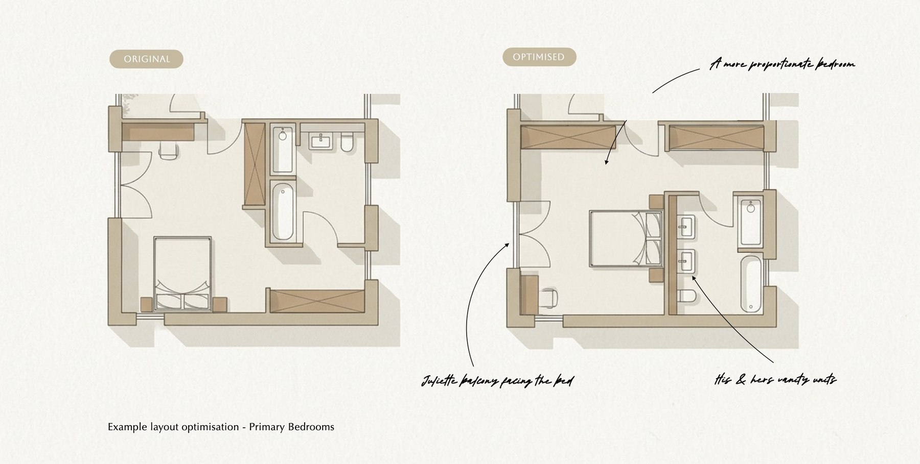Alfold Gardens primary suite floor plan before and after, showing walk-in wardrobe and ensuite, by HDEY