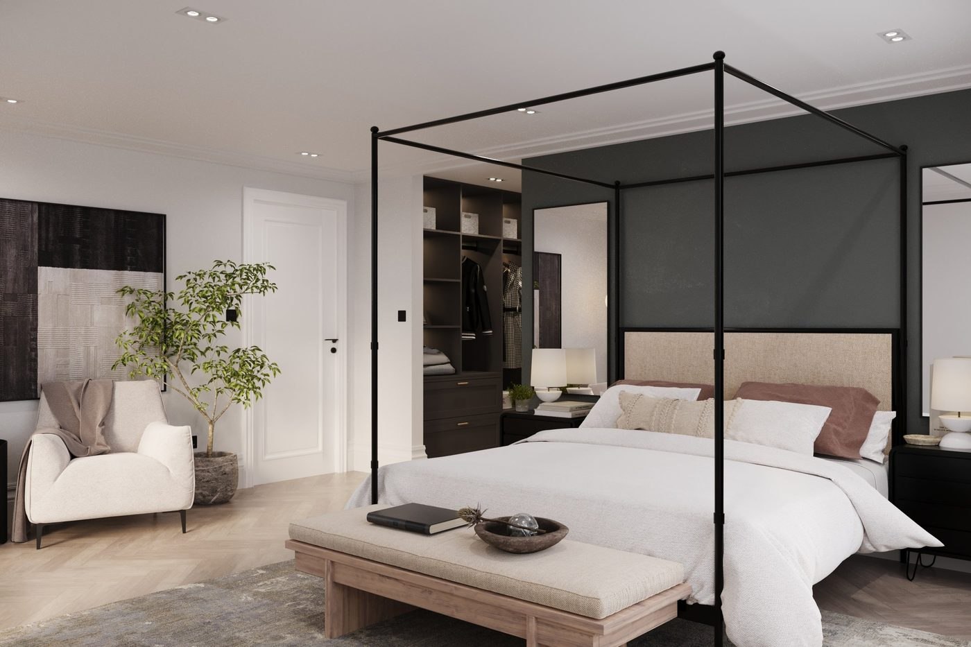 Alfold Gardens CGI — primary bedroom with four-poster bed and walk-in wardrobe, by HDEY