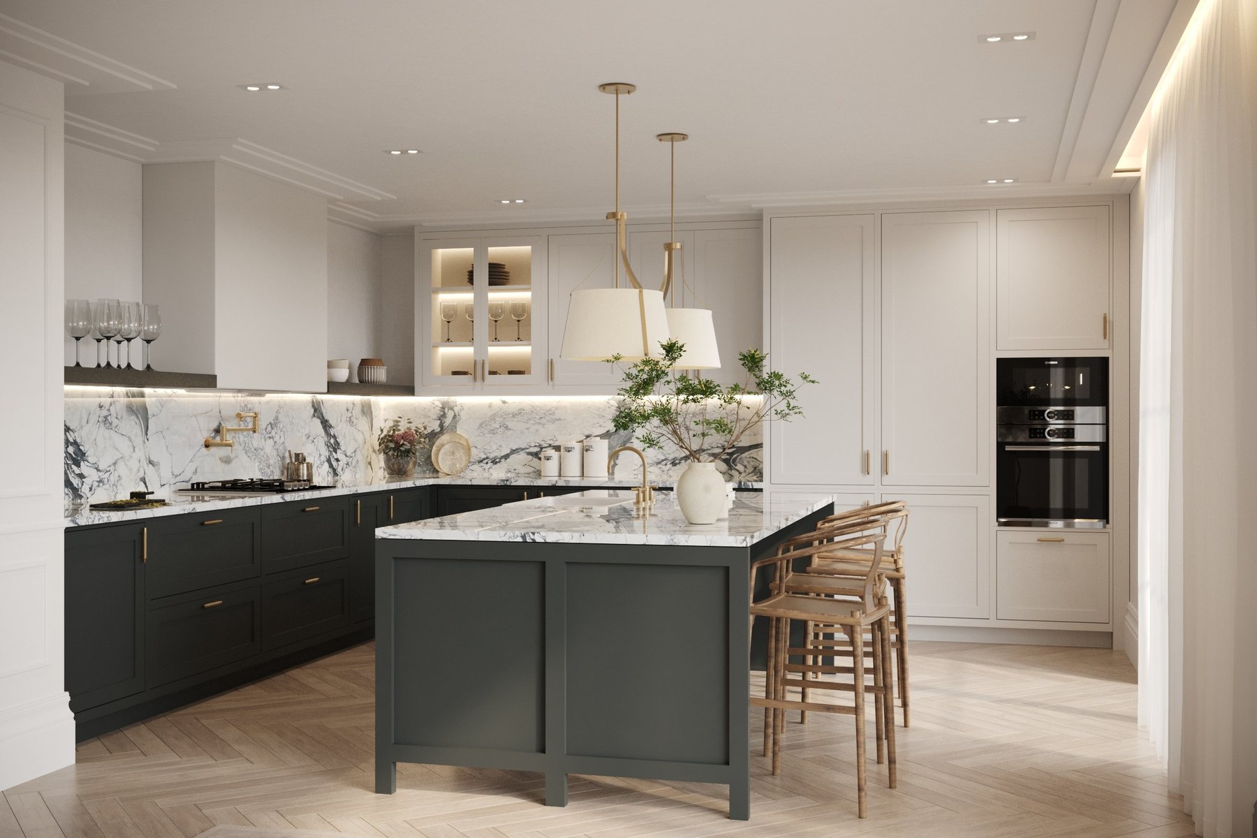 Alfold Gardens CGI — kitchen with dark green island, marble backsplash and gold hardware, by HDEY