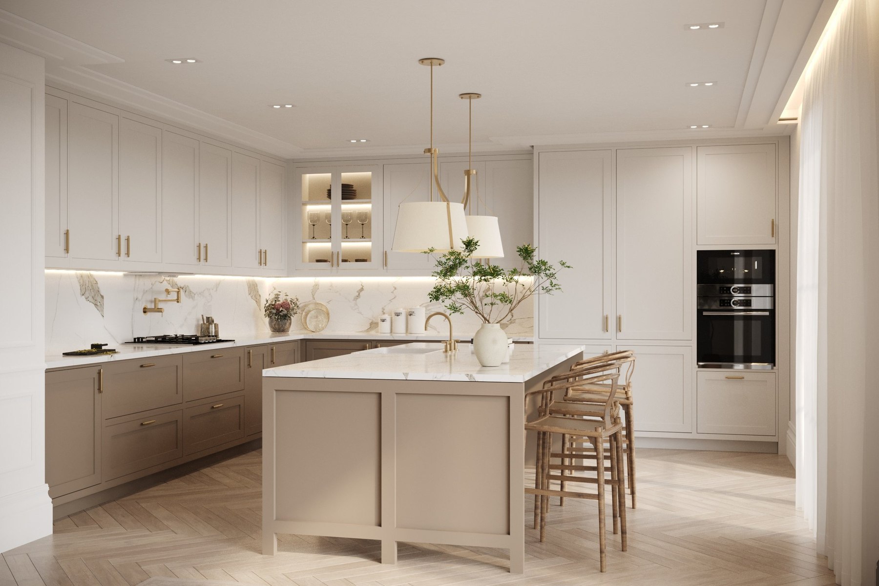 Alfold Gardens CGI — kitchen with cream island and marble backsplash, by HDEY