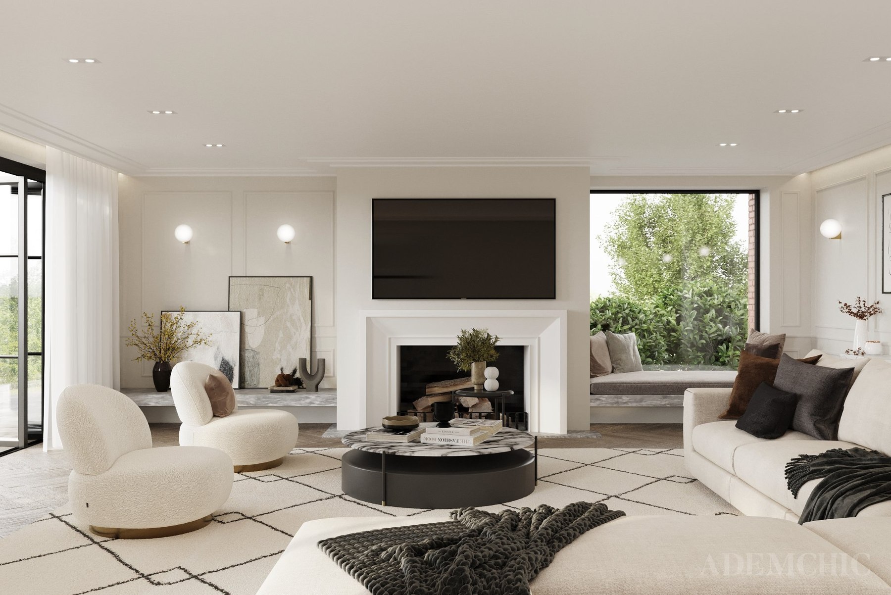 Alfold Gardens CGI — living room with fireplace, window seats and cream furniture, by HDEY