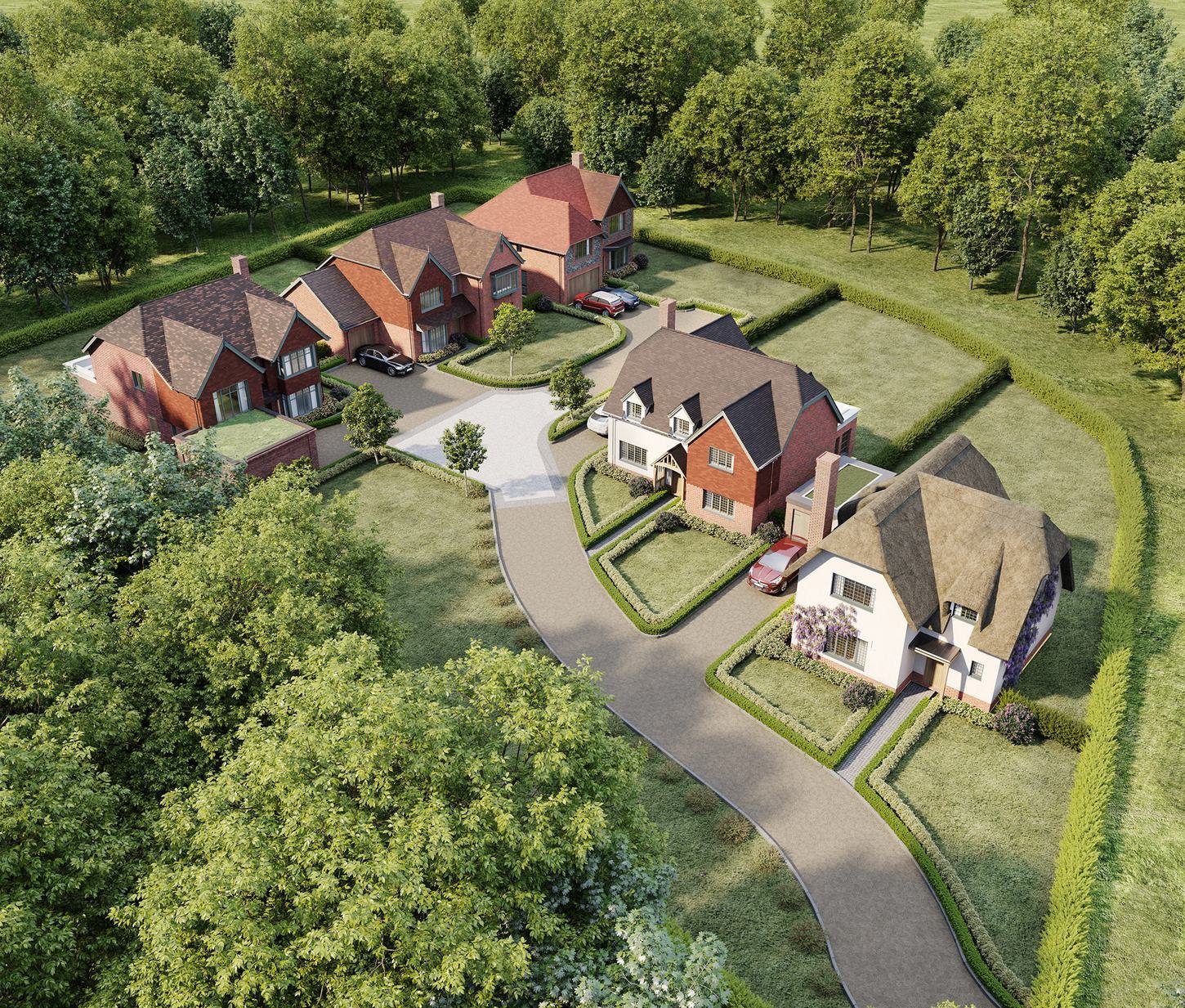 Allingham Meadow aerial CGI showing five individually designed homes in West Horsley, Surrey — by HDEY