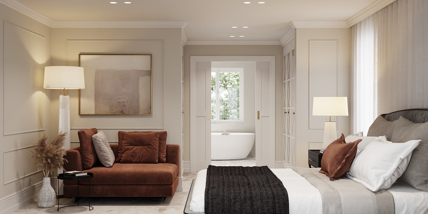 Allingham Meadow bedroom CGI with fireplace and soft daylight, West Horsley — by HDEY