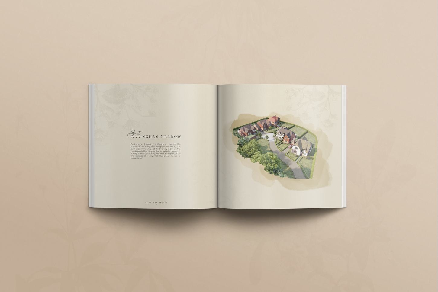 Allingham Meadow brochure open at the watercolour site plan spread, print design by HDEY