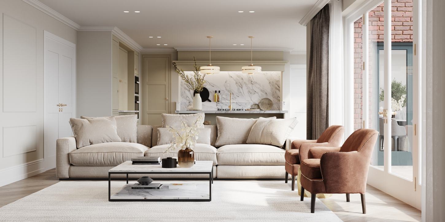 Allingham Meadow living room CGI with fireplace and garden outlook, West Horsley — by HDEY