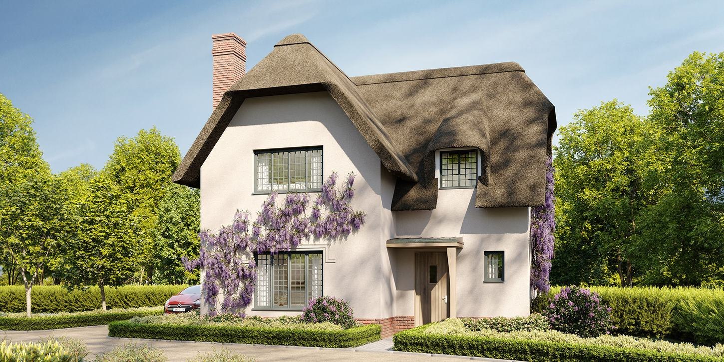 Allingham Meadow external CGI of the thatched cottage with wisteria and hedging, West Horsley — by HDEY