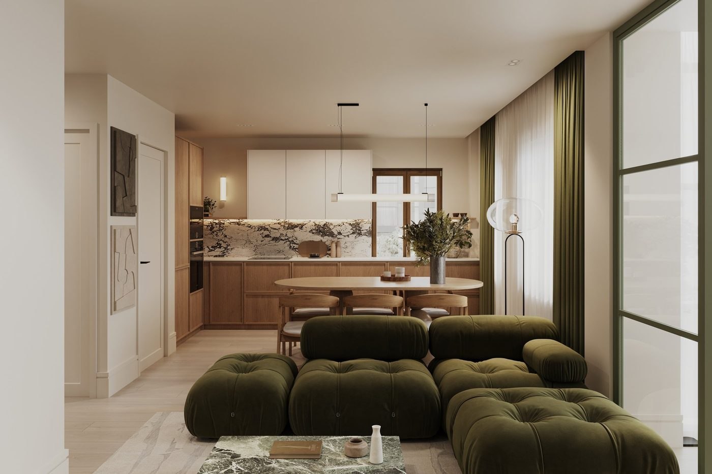 Angel Village open-plan kitchen with warm wood cabinetry and marble splashback, Islington — interior design by HDEY