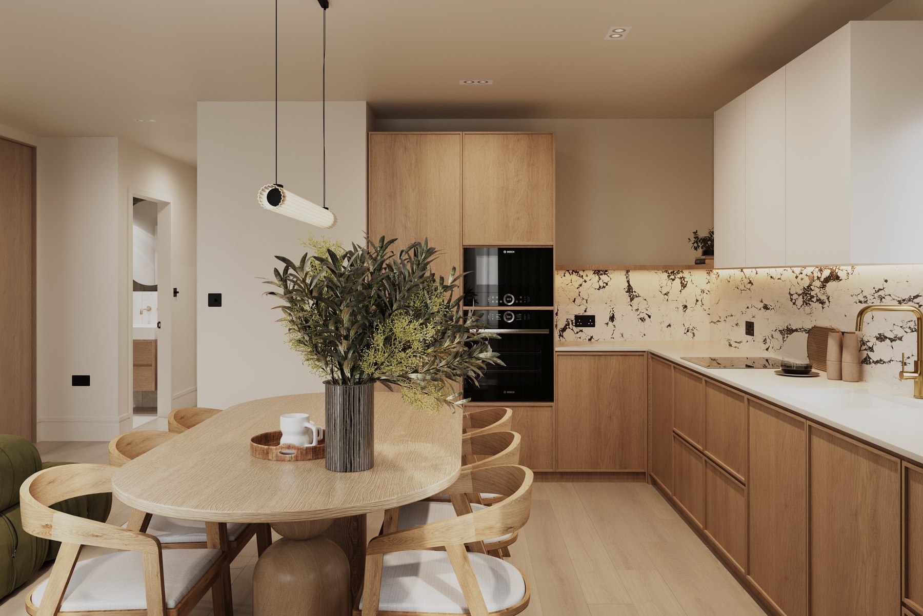 Angel Village kitchen scheme with wood cabinetry and stone worktops, Islington — by HDEY