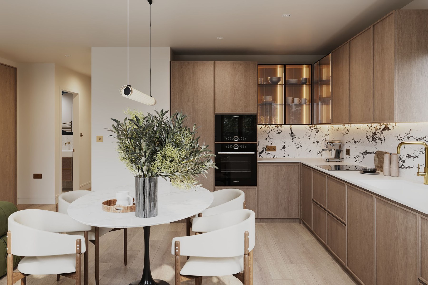 Angel Village alternative kitchen scheme with round dining table and glass display cabinetry, Islington — by HDEY