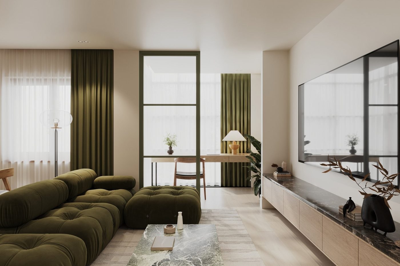 Angel Village living room with green velvet sofa and media wall, Islington — interior design by HDEY
