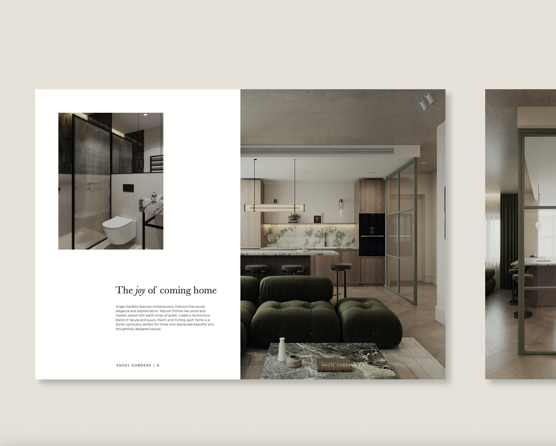 Angel Village brochure spread showing interior CGIs and specification, Islington — by HDEY