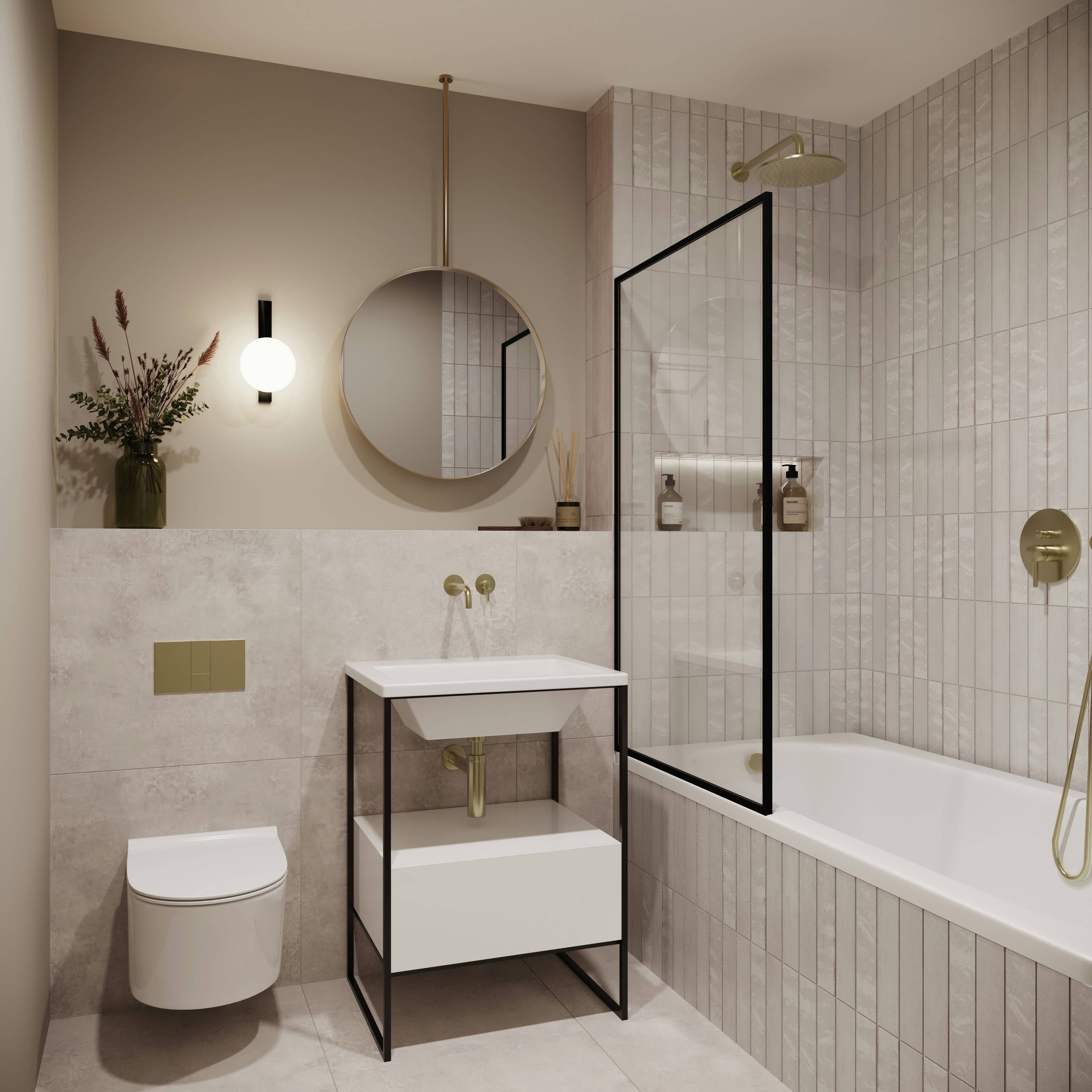 Artscene bathroom with vertical tiling, brass fittings and round mirror, Acton — interior specification by HDEY