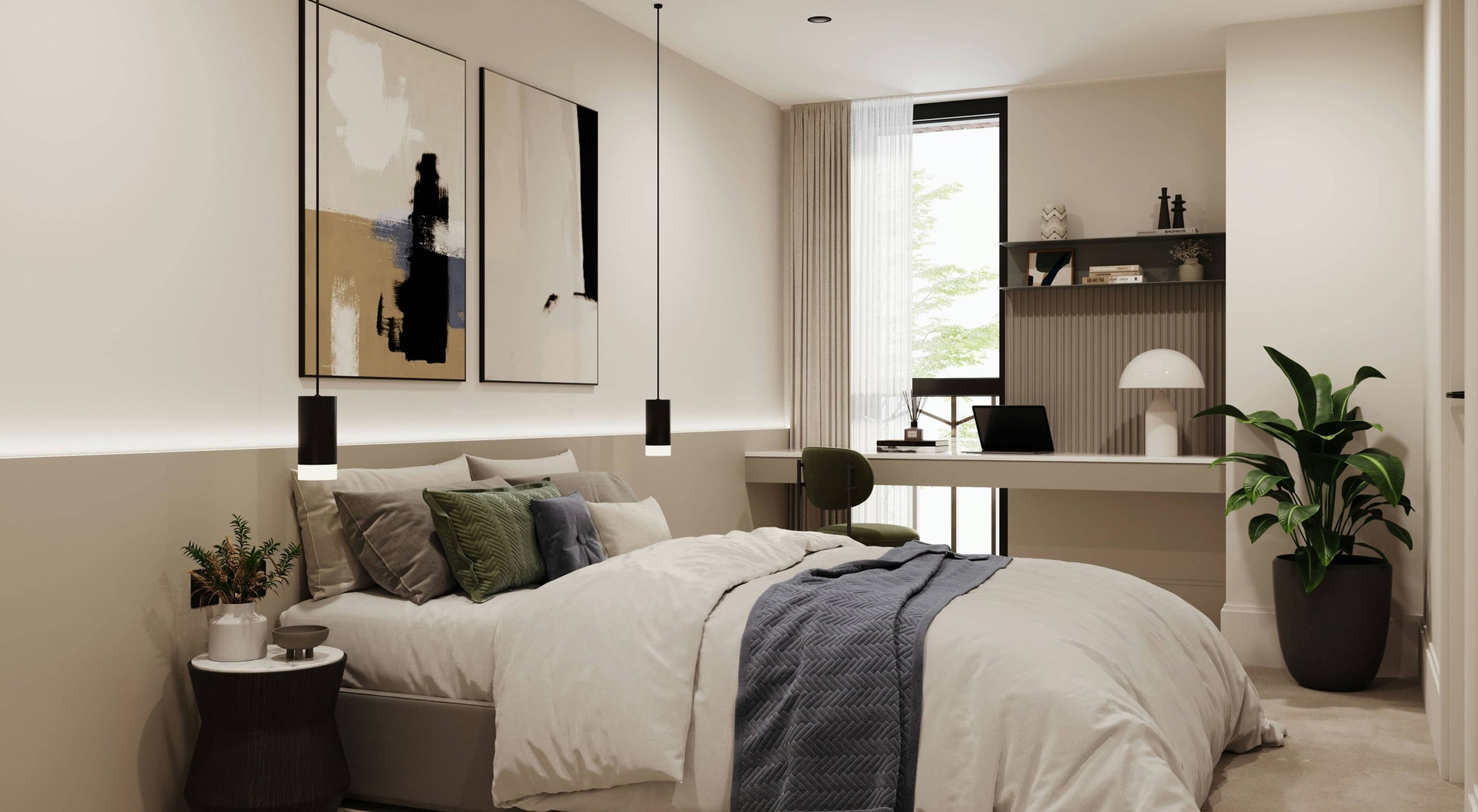 Artscene principal bedroom with upholstered headboard and warm neutral scheme, Acton — interior design by HDEY