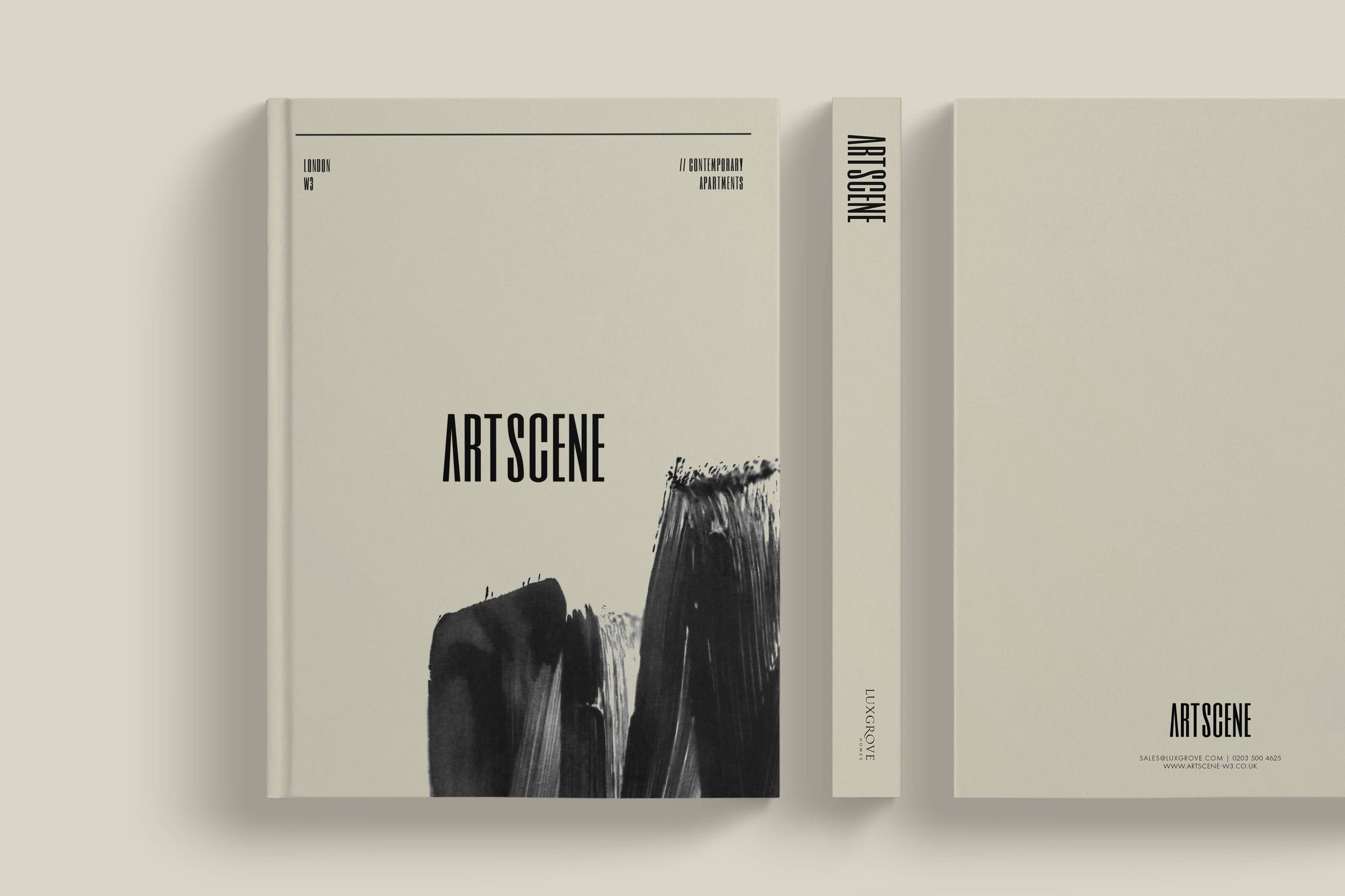 Artscene brochure cover and back — London W3 contemporary apartments, print design by HDEY