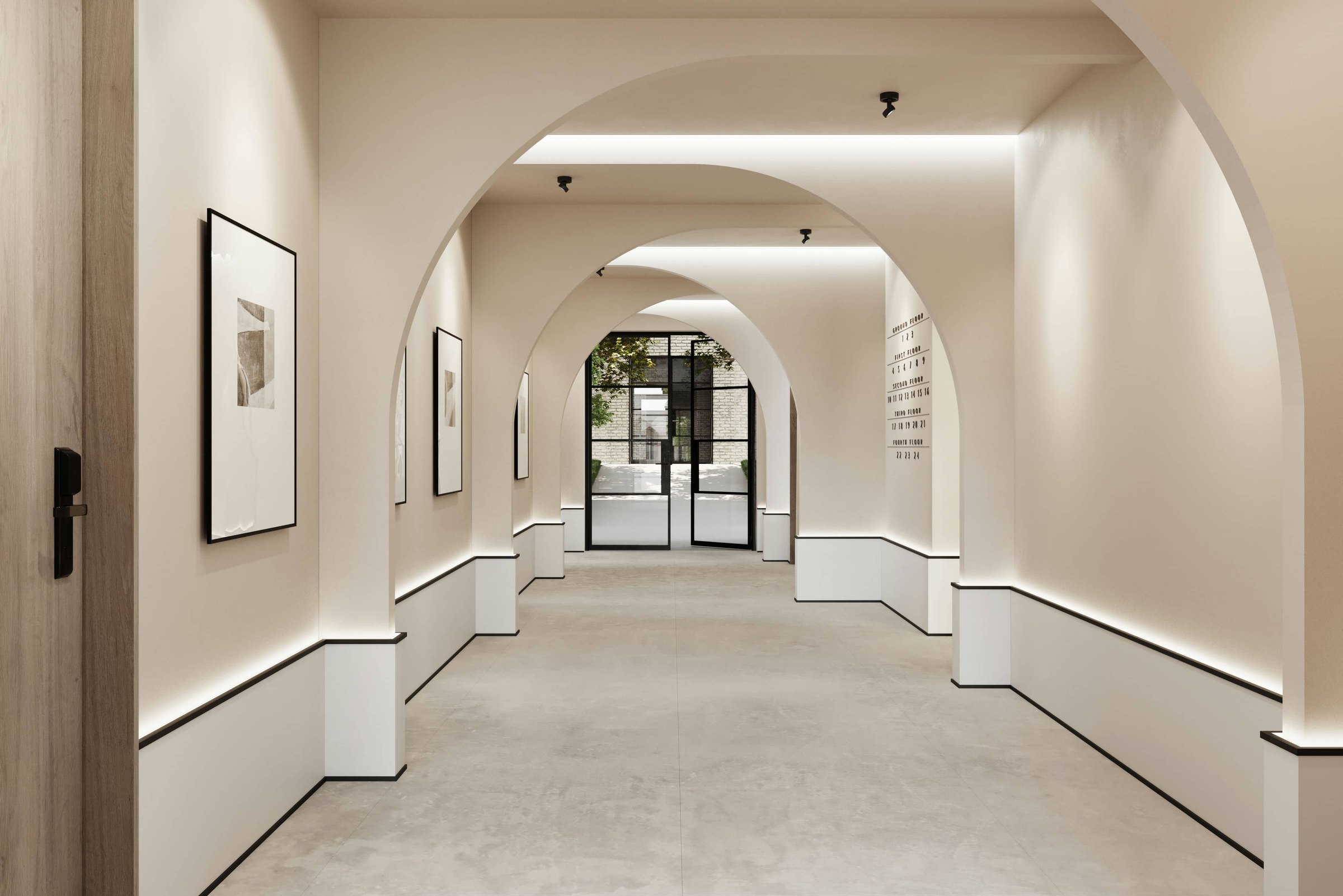 Artscene arched communal hallway hung as a gallery, with framed artwork and concealed lighting, Acton — interior design by HDEY