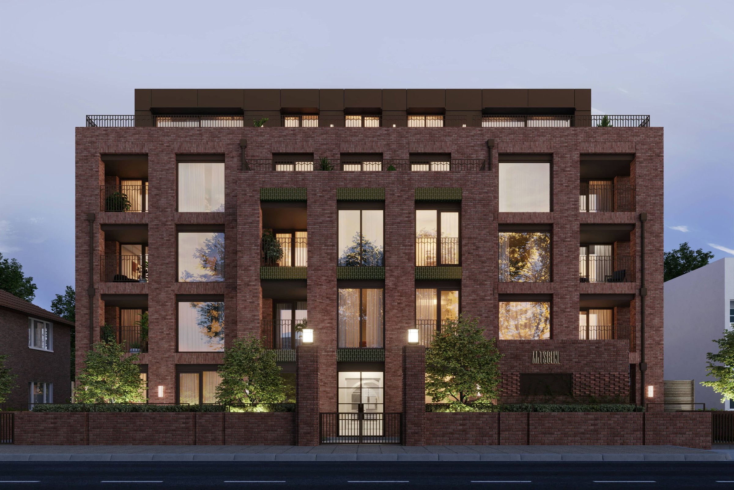 Artscene external CGI — red brick street elevation with balconies at dusk, Acton, by HDEY