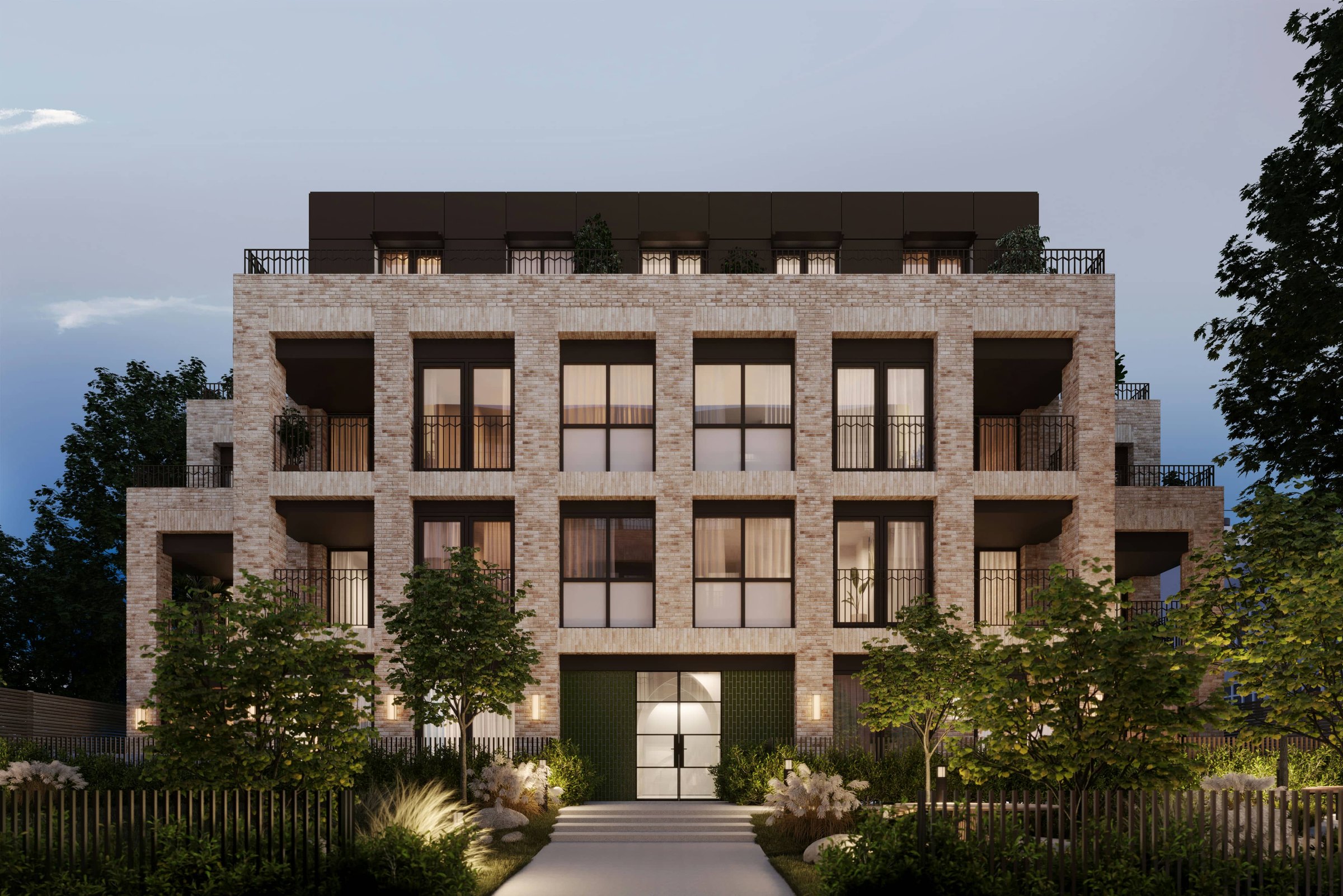 Artscene external CGI — pale brick garden elevation and arched entrance at dusk, Acton, by HDEY