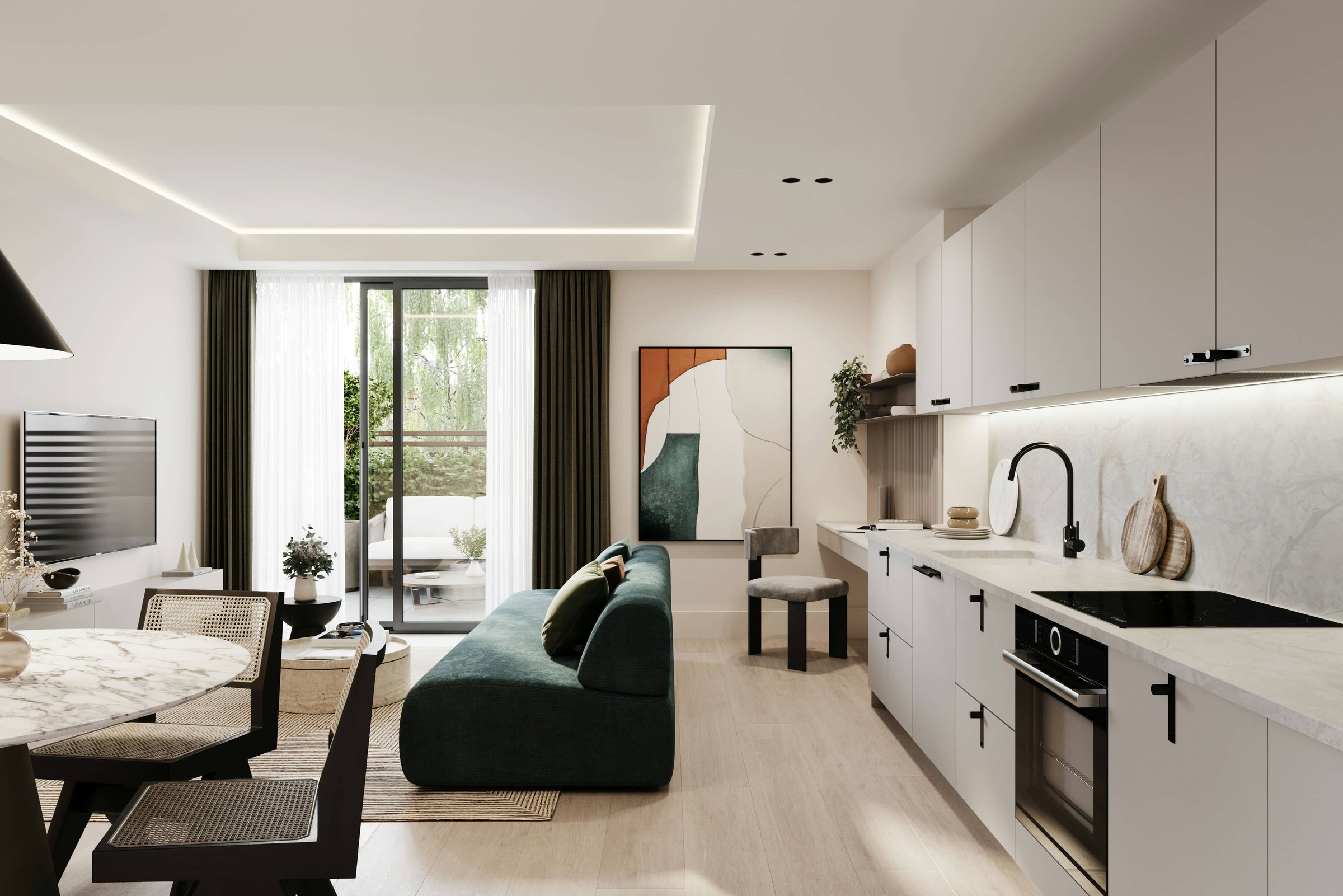 Artscene open-plan kitchen and living space with deep green sofa and balcony doors, Acton — interior design by HDEY