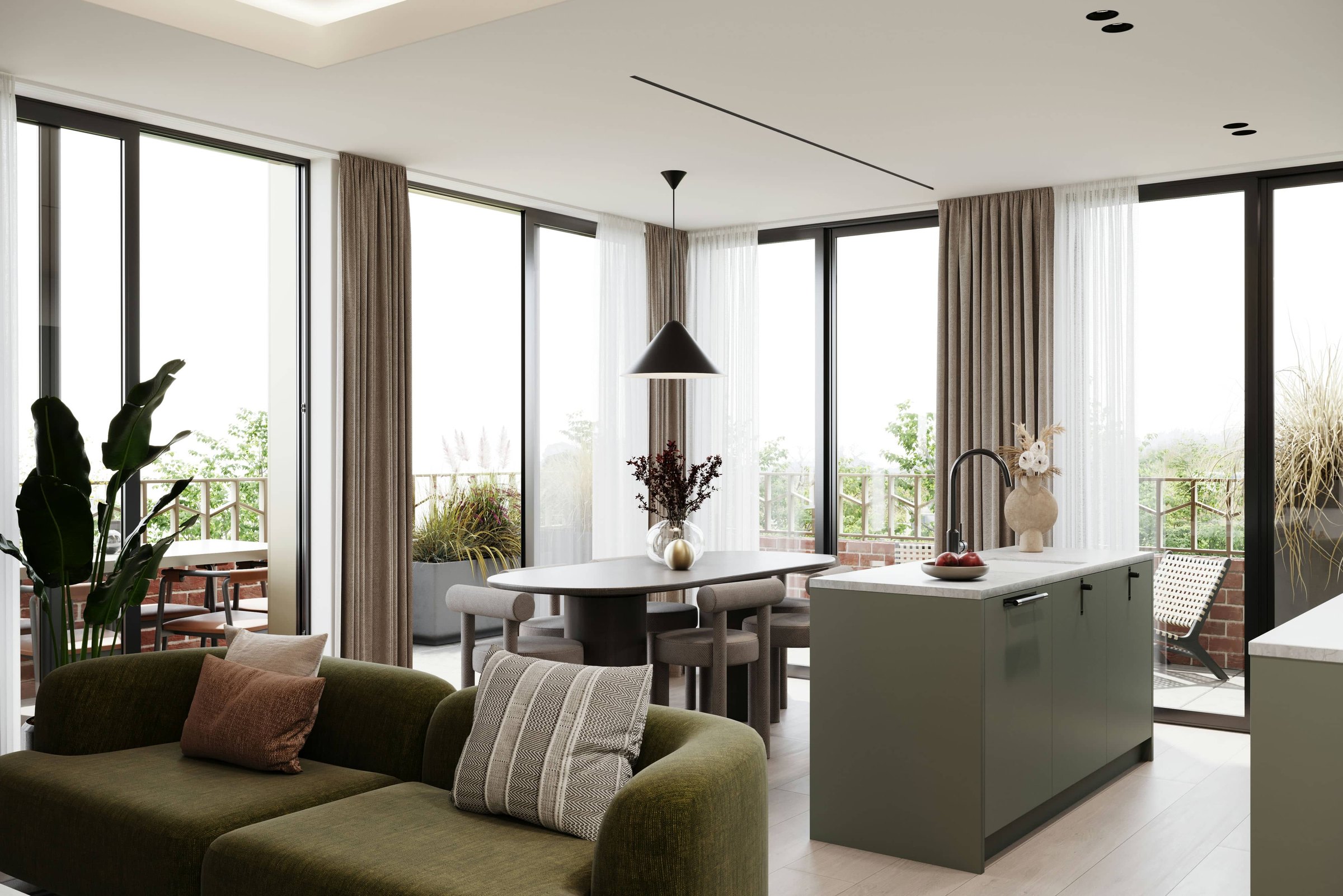 Artscene living and dining space with olive sofa, black pendant and green kitchen island, Acton — interior design by HDEY
