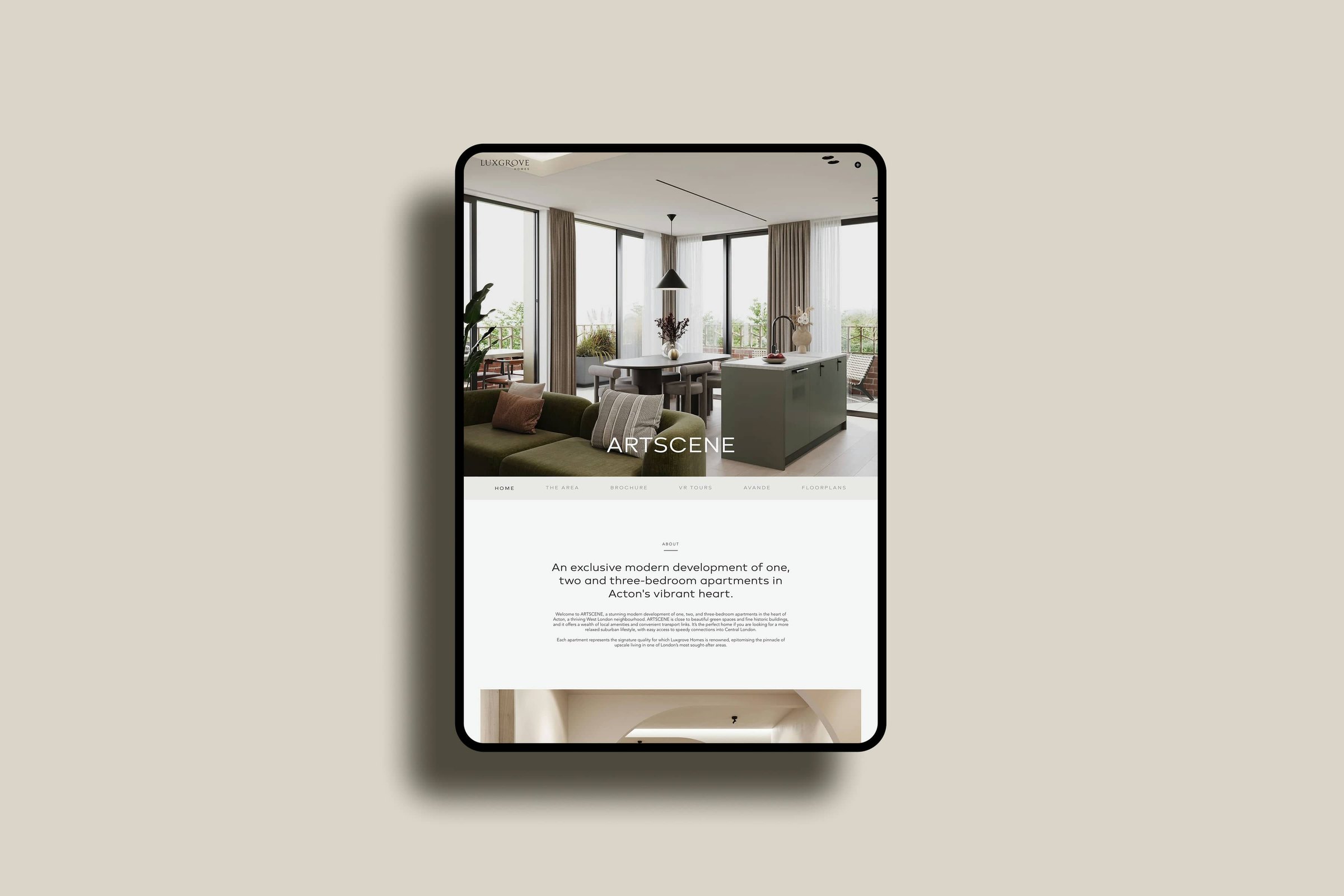 Artscene development website shown on tablet — website design by HDEY