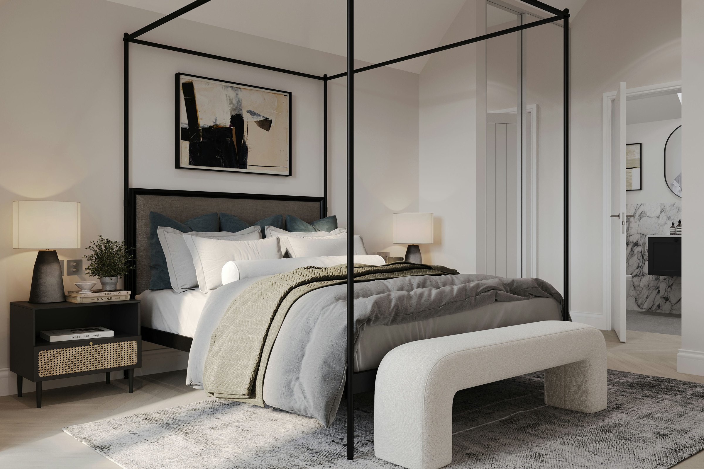 Bass Orchards bedroom CGI with soft neutral palette, Matfield, Kent — marketing visual by HDEY