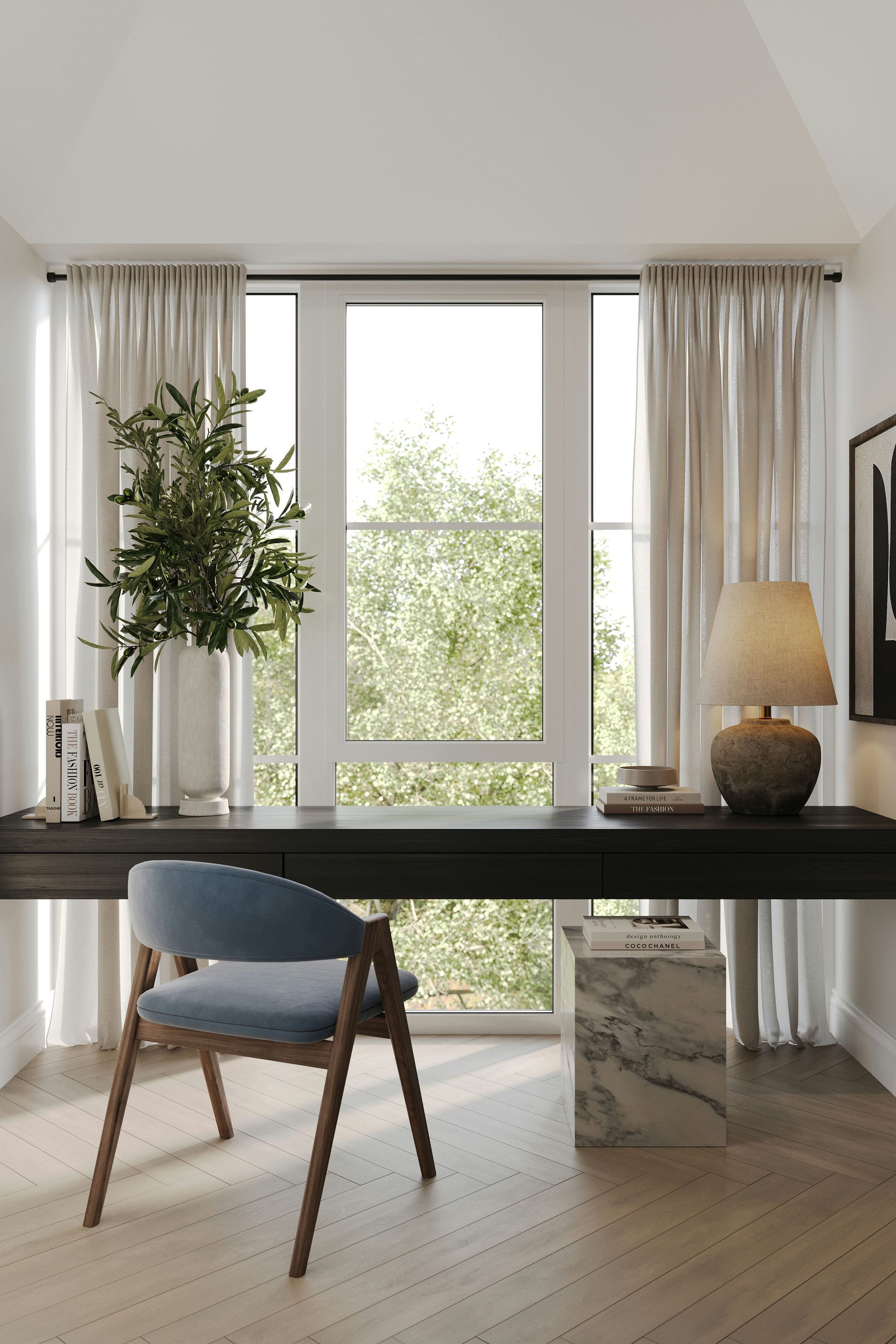 Bass Orchards study CGI with dark desk, blue chair and olive branches, Matfield, Kent — marketing visual by HDEY