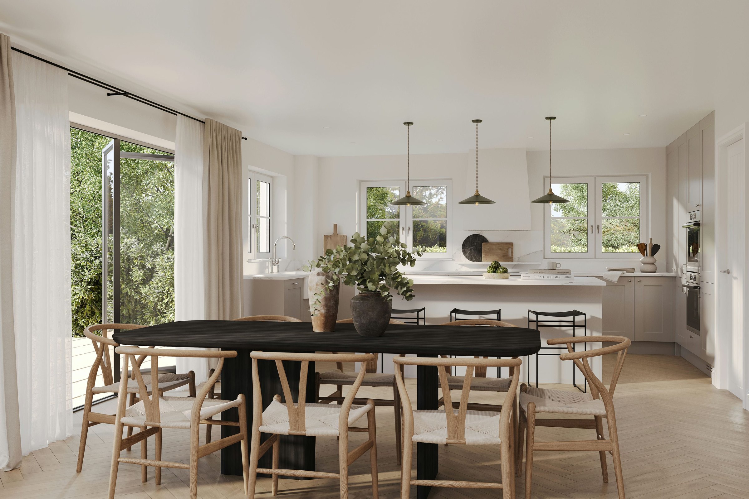Bass Orchards open-plan kitchen and dining CGI with shaker-style kitchen, Matfield, Kent — marketing visual by HDEY