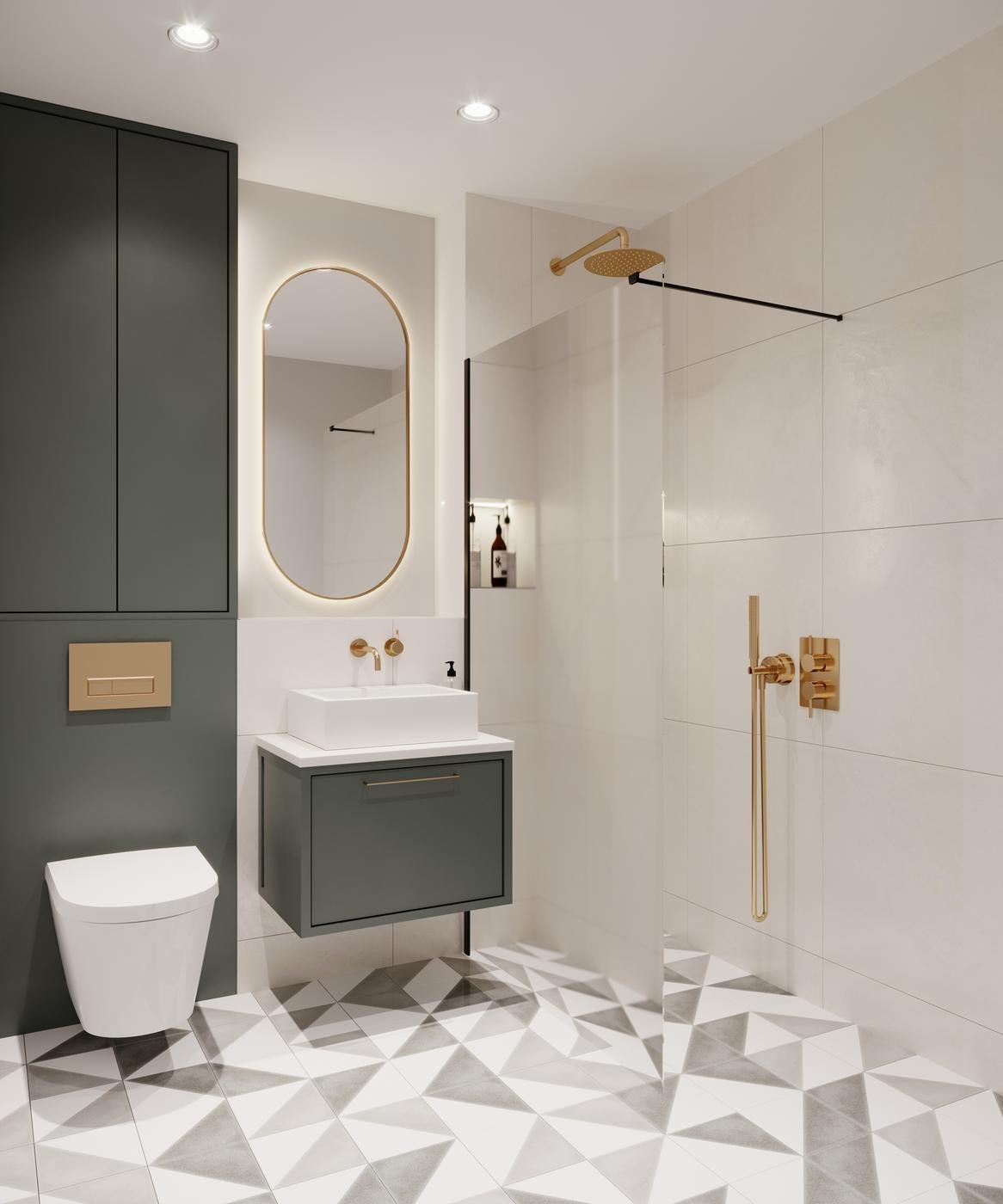 Blackbird Lane bathroom CGI with dark green vanity, patterned floor and brass fittings, Northwood — by HDEY