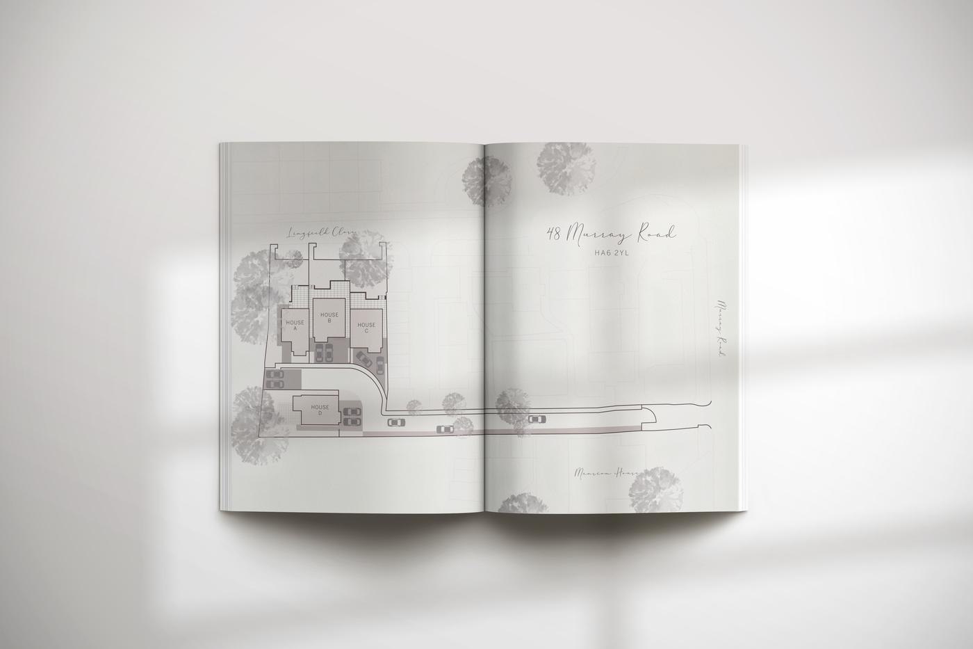 Blackbird Lane brochure open at the drawn site plan spread, print design by HDEY