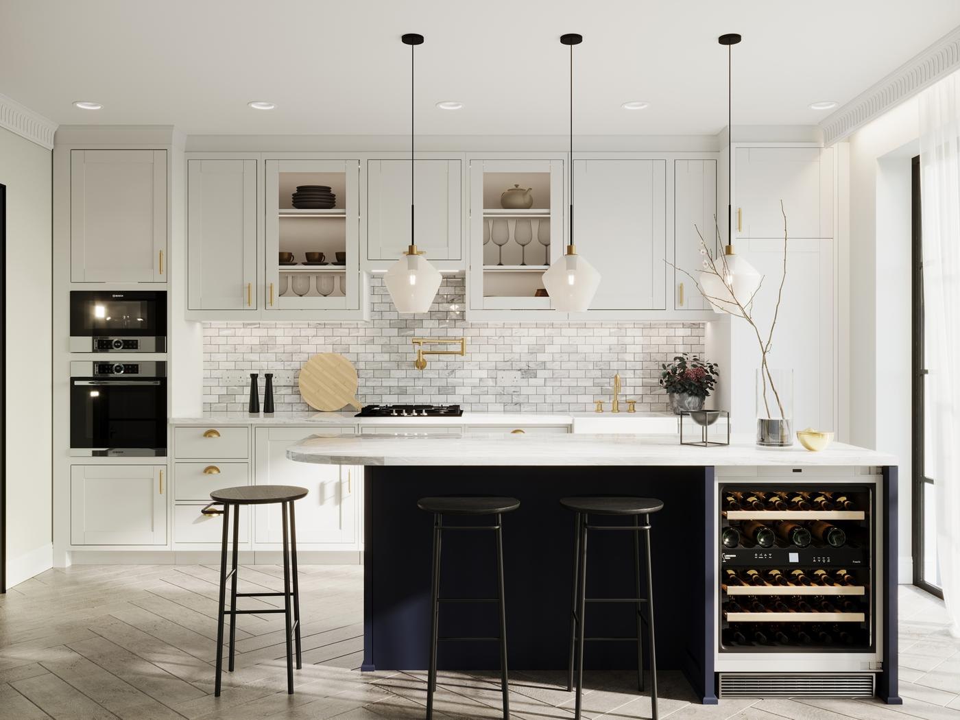 Blackbird Lane kitchen CGI with pale cabinetry, marble splashback and brass pendants, Northwood — by HDEY