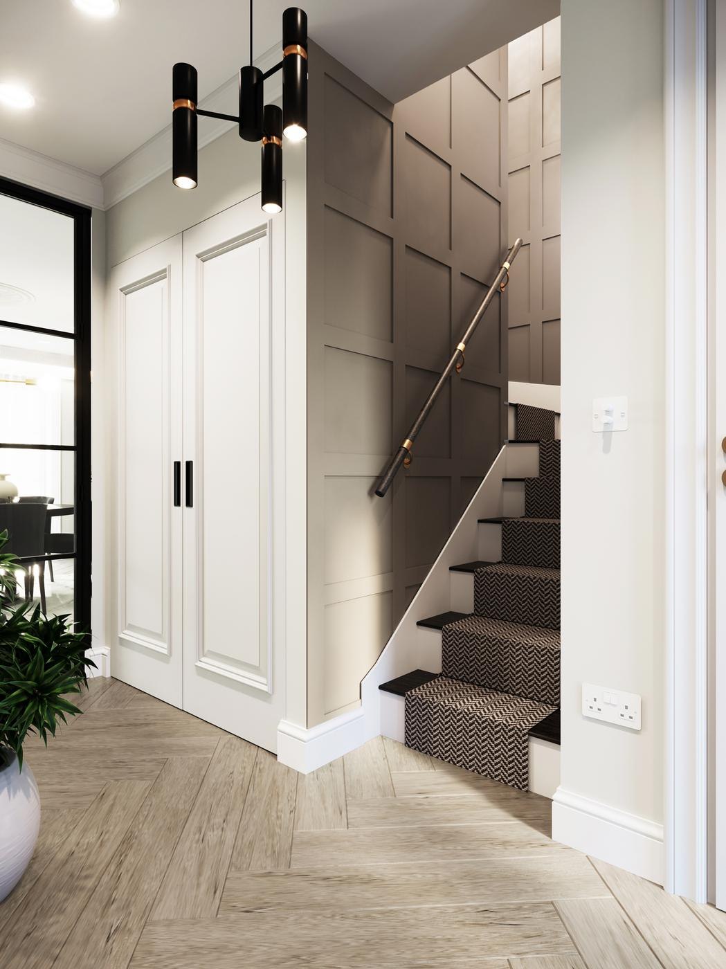 Blackbird Lane stairwell CGI with panelled walls and a runner, Northwood — by HDEY