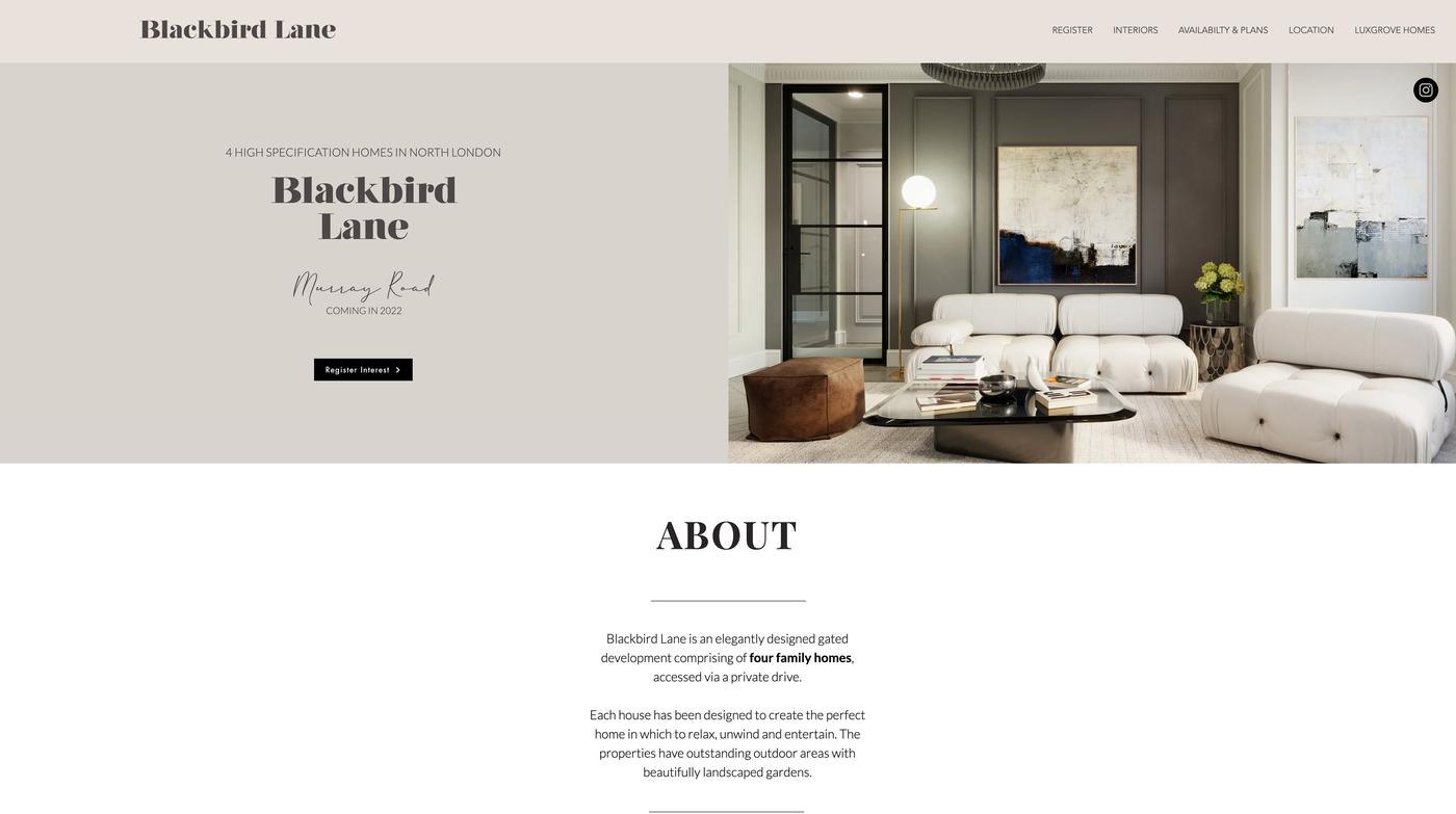 Blackbird Lane website homepage with the development logotype and interior CGI, web design by HDEY