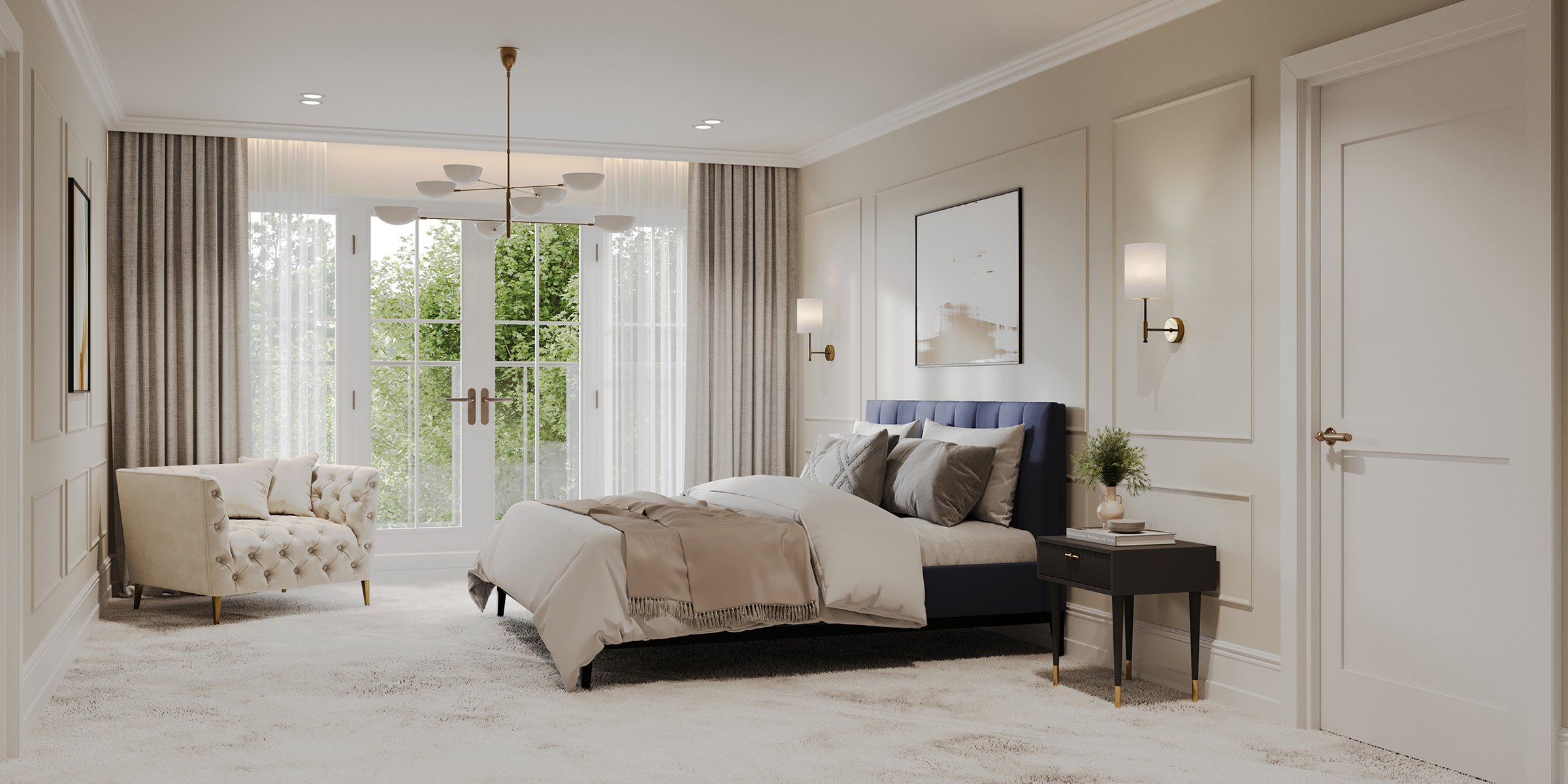 Bluebell Rise principal bedroom CGI with fitted wardrobes, Worplesdon, Surrey — CGI by HDEY