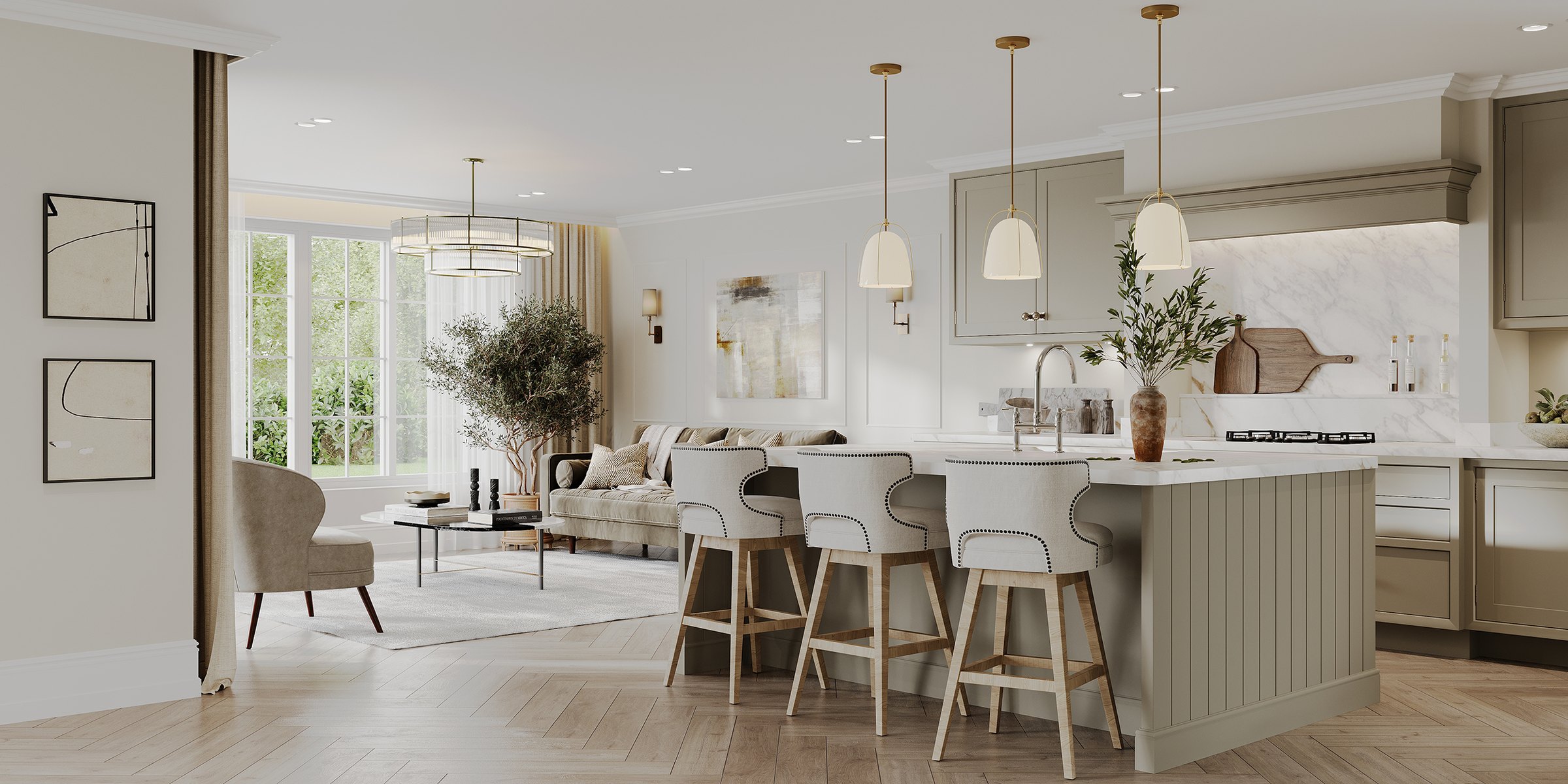 Bluebell Rise open-plan kitchen and living CGI with handmade cabinetry, Worplesdon, Surrey — CGI by HDEY