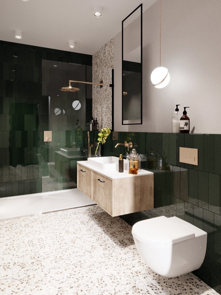 Broadwater House bathroom CGI with green glazed tile and walk-in shower, Royal Tunbridge Wells, by HDEY