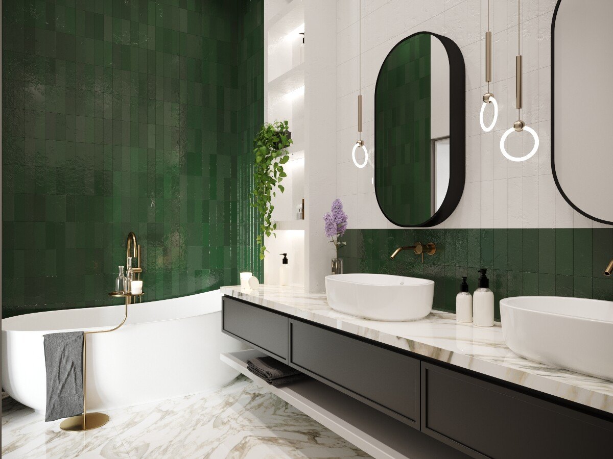 Broadwater House bathroom CGI with twin basins, arched mirrors and green glazed tile, Royal Tunbridge Wells, by HDEY