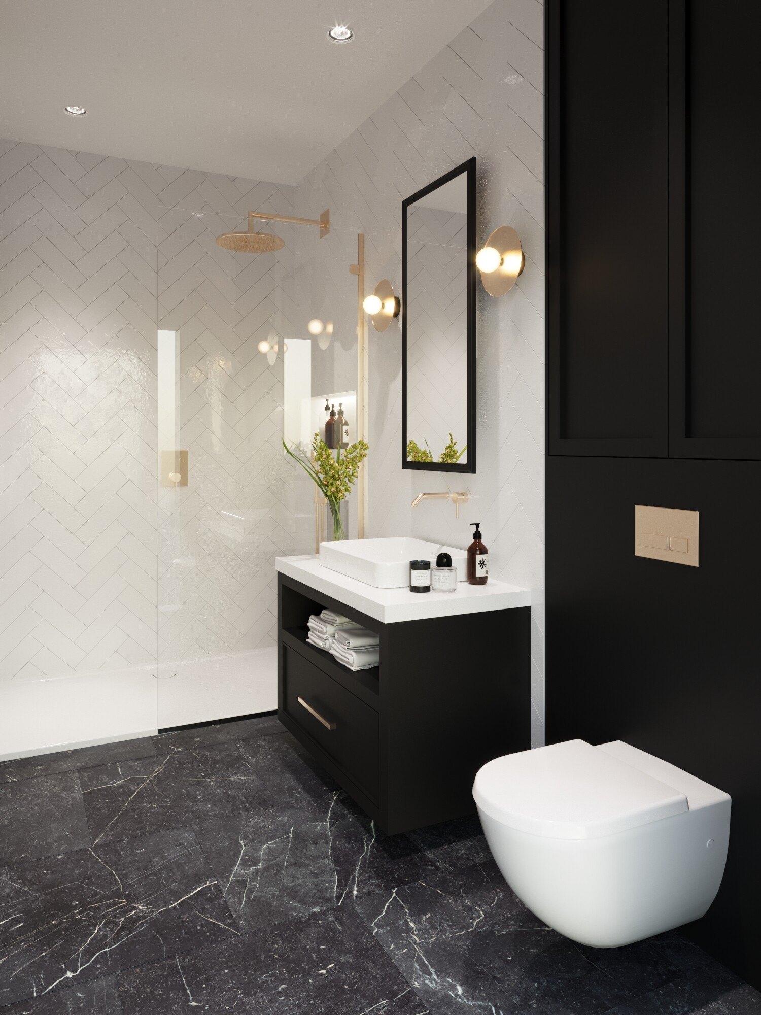 Broadwater House bathroom CGI with marble floor, Royal Tunbridge Wells, by HDEY