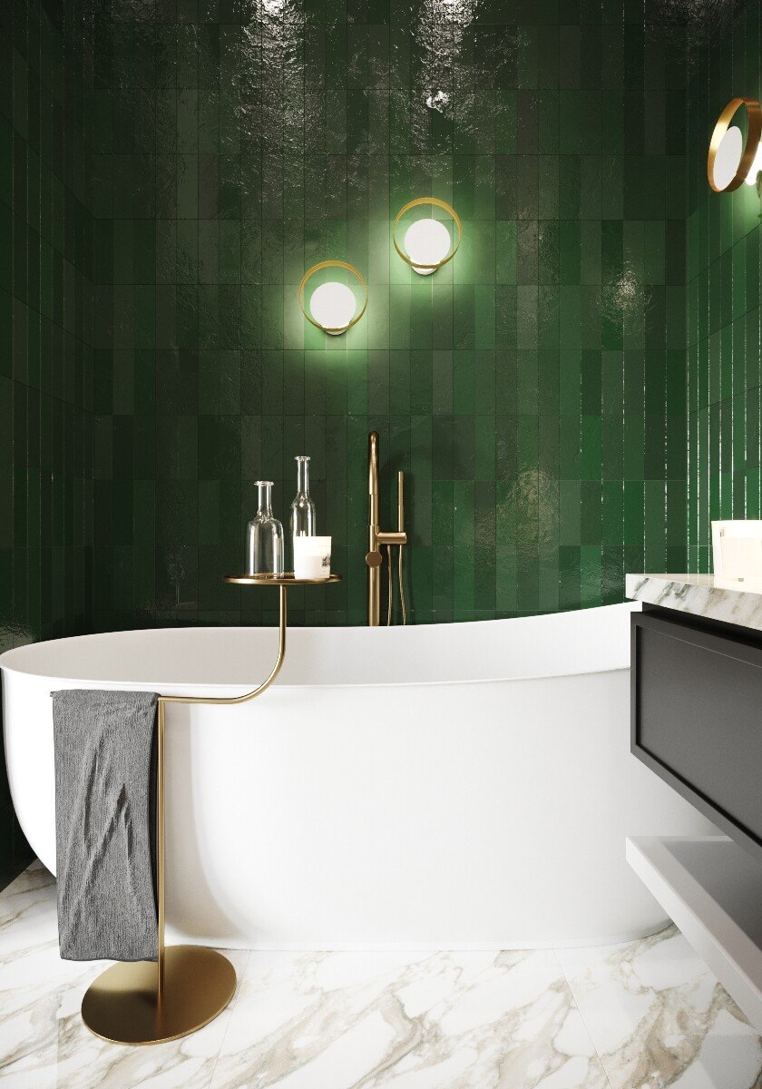 Broadwater House bathroom detail CGI with freestanding bath and brass floor-standing tap, Royal Tunbridge Wells, by HDEY