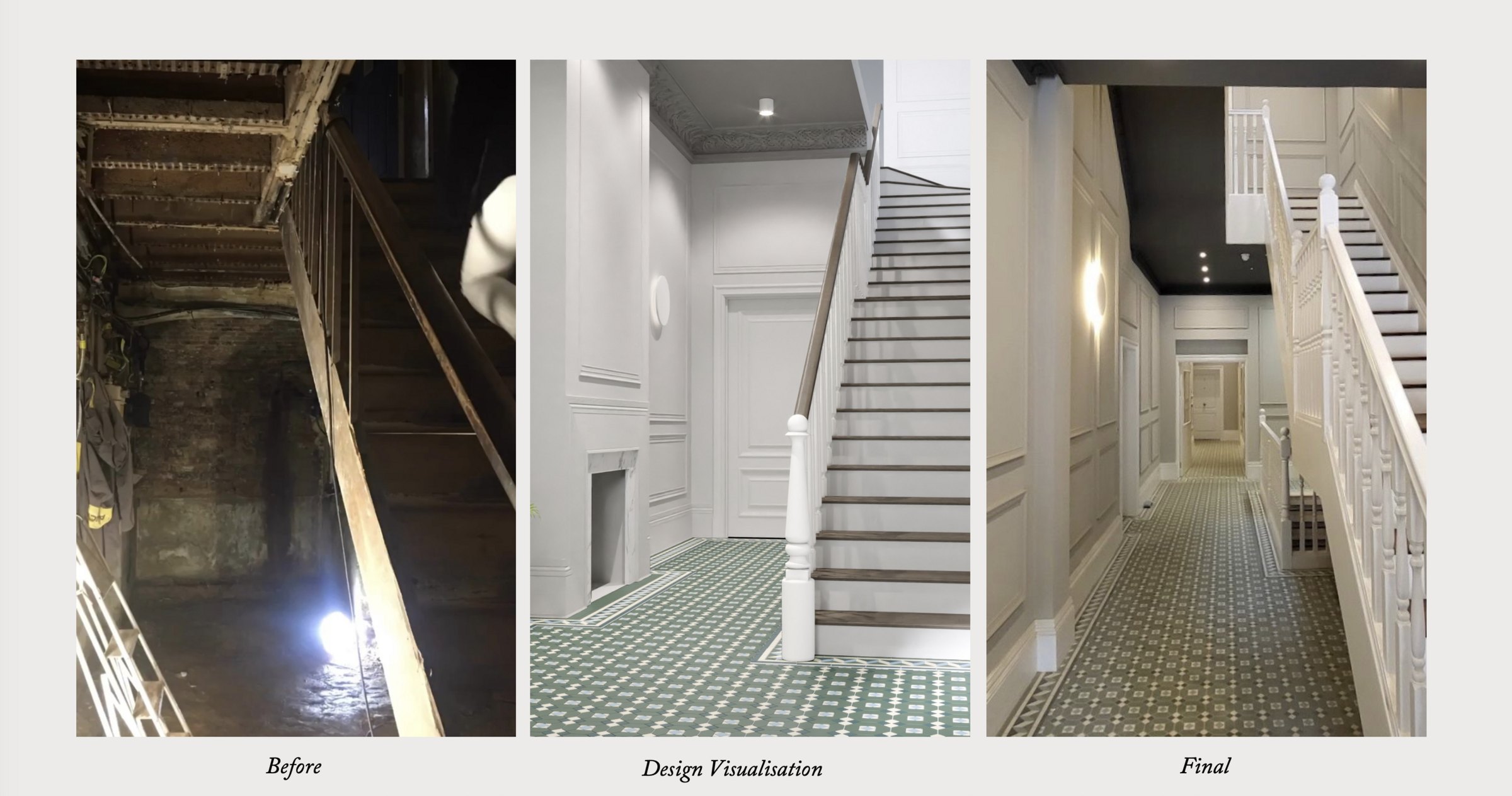 Broadwater House entrance hall — before, design concept and completed, Royal Tunbridge Wells, by HDEY