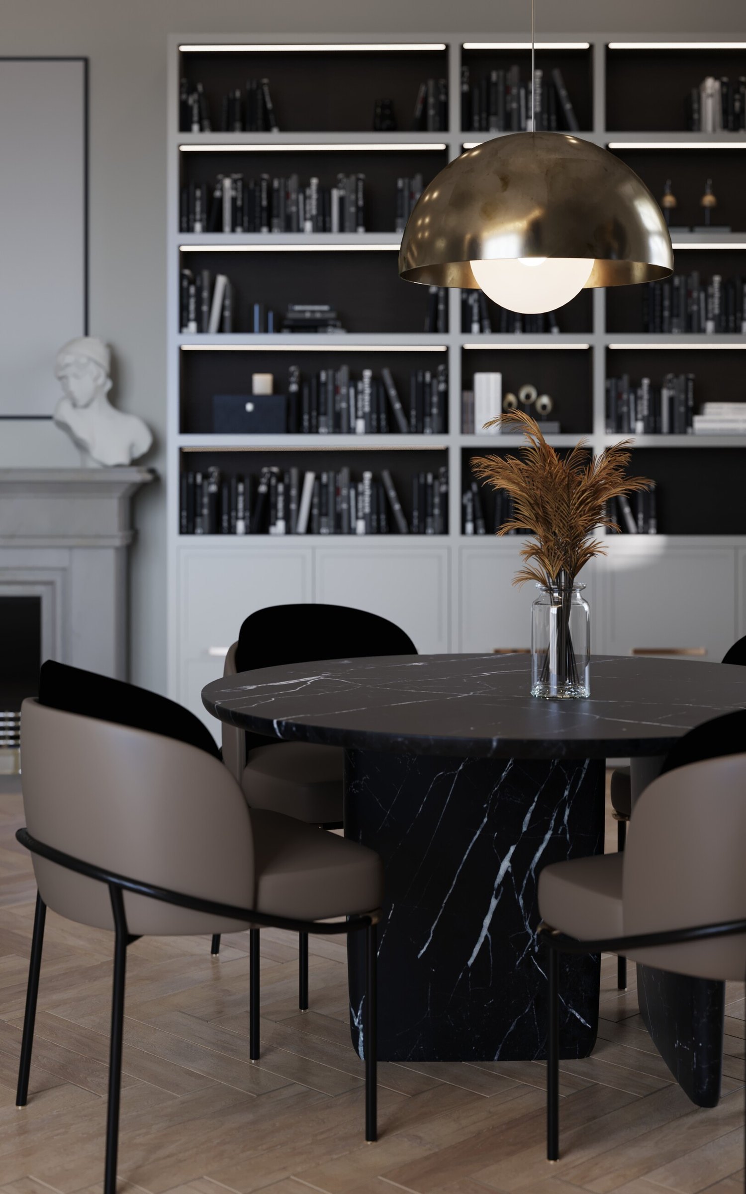 Broadwater House dining area CGI with black marble table and library joinery, Royal Tunbridge Wells, by HDEY