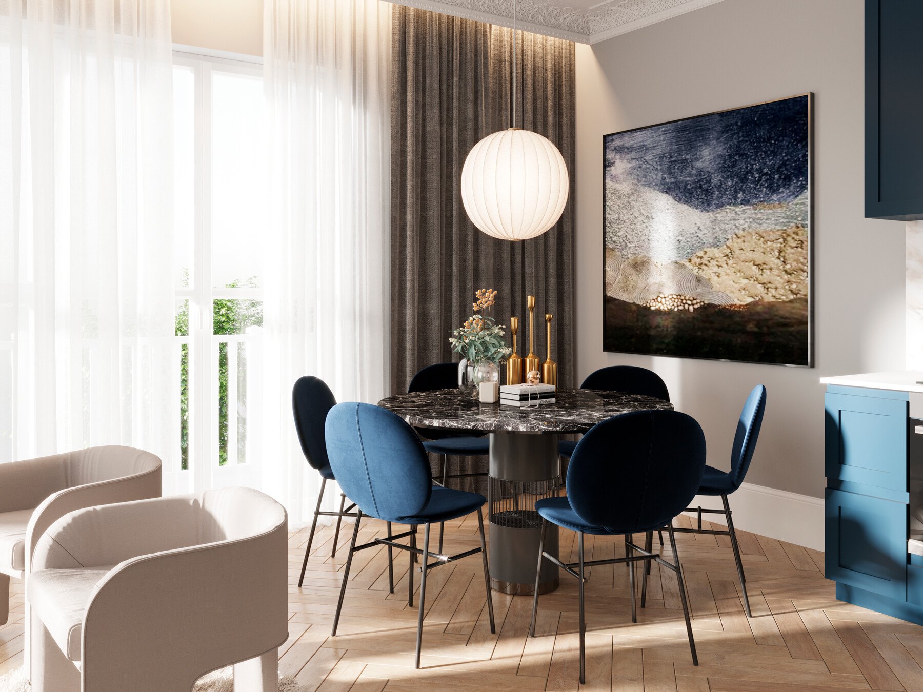 Broadwater House dining area CGI with marble table and artwork, Royal Tunbridge Wells, by HDEY