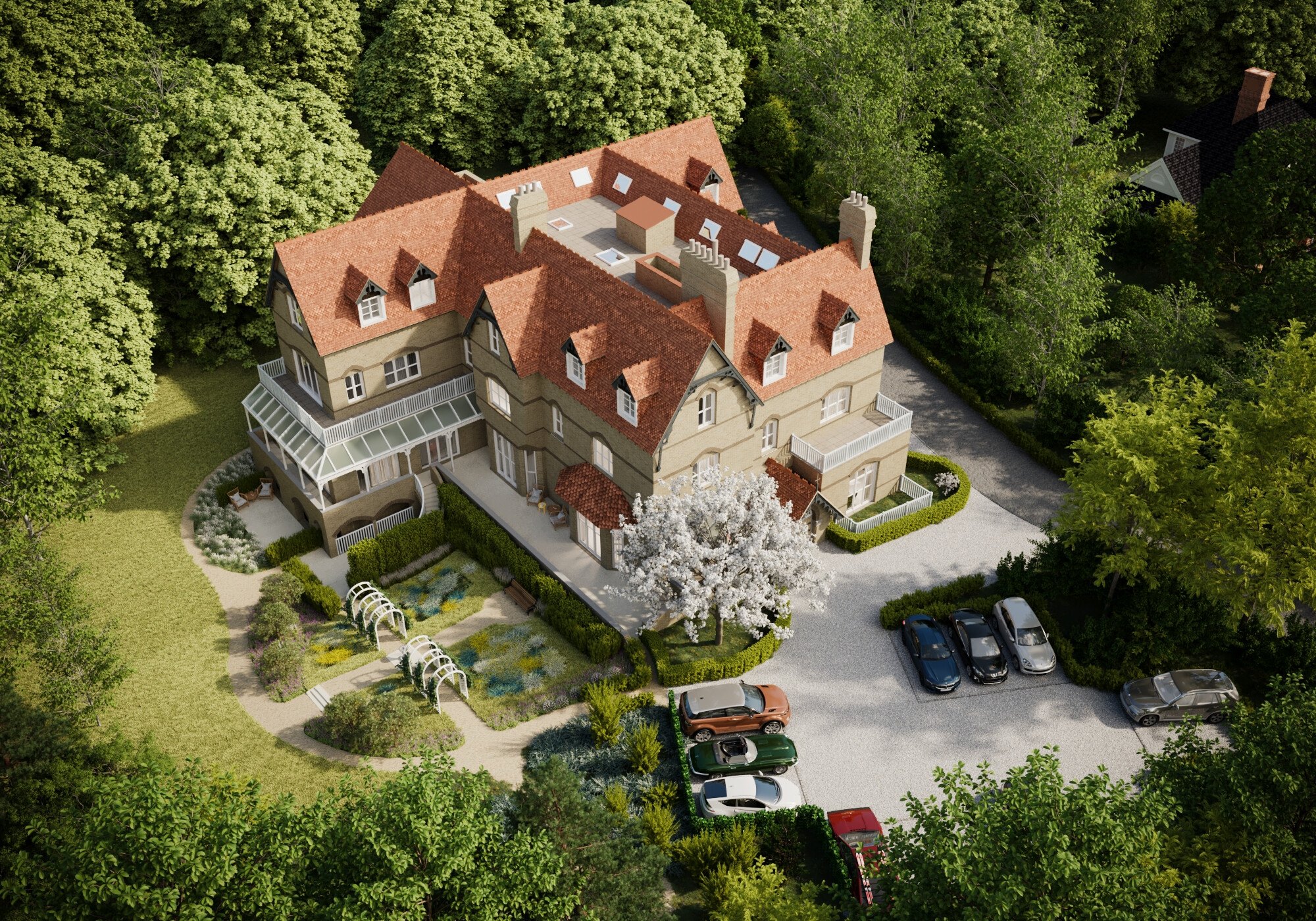 Broadwater House external CGI from above — the Victorian house and grounds, Royal Tunbridge Wells, by HDEY