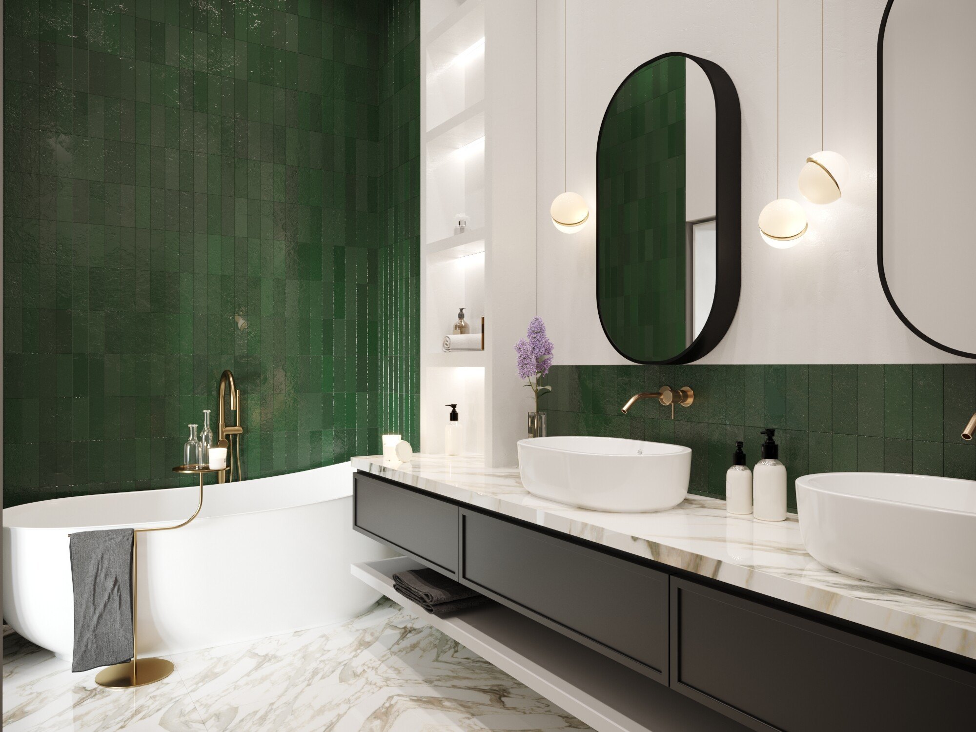Broadwater House open-plan kitchen and living CGI with dark green cabinetry, Royal Tunbridge Wells, by HDEY