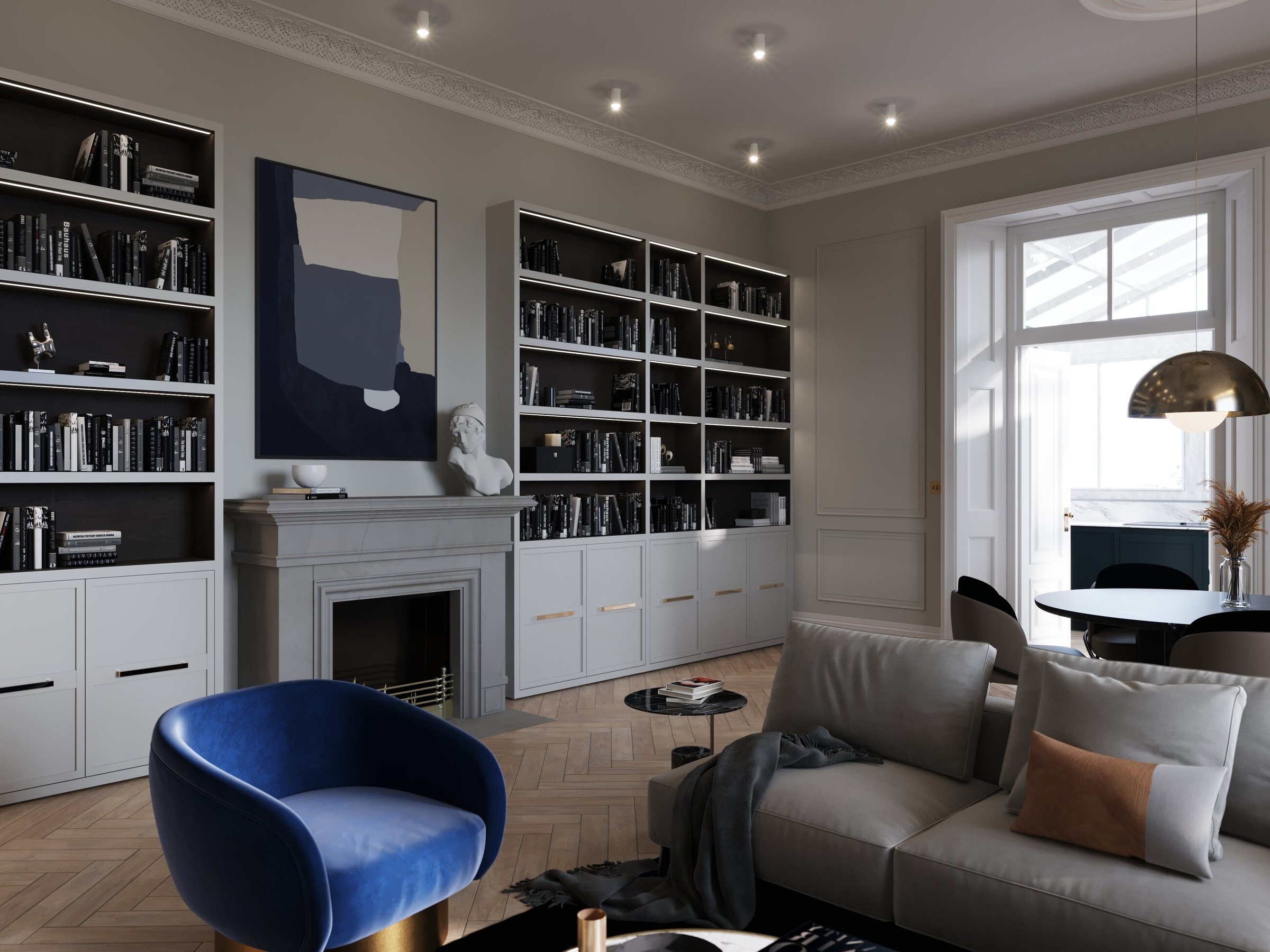 Broadwater House living room with panelled walls, fireplace and full-height library joinery, Royal Tunbridge Wells, by HDEY
