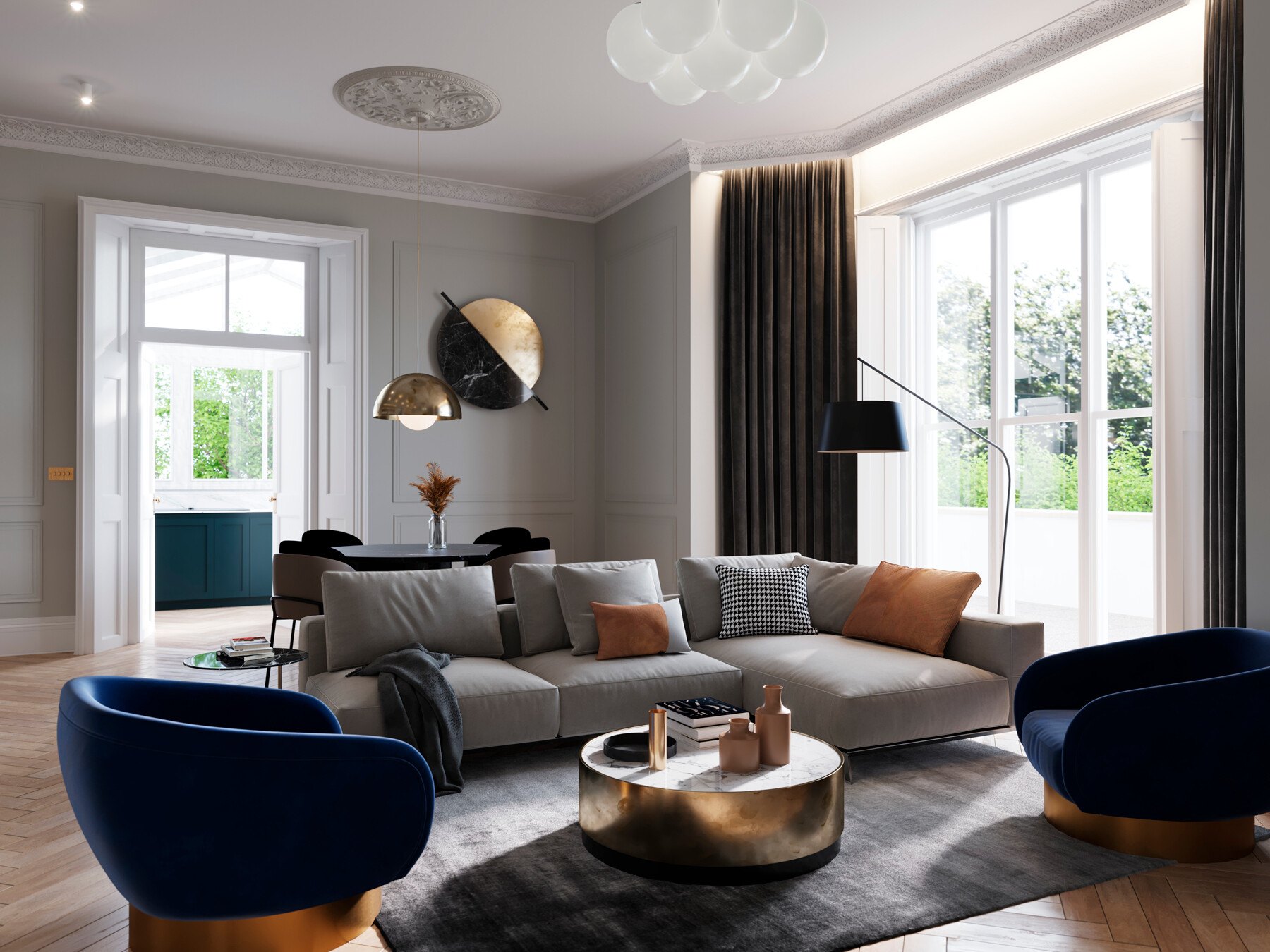 Broadwater House living room CGI with bay window and open-plan kitchen beyond, Royal Tunbridge Wells, by HDEY