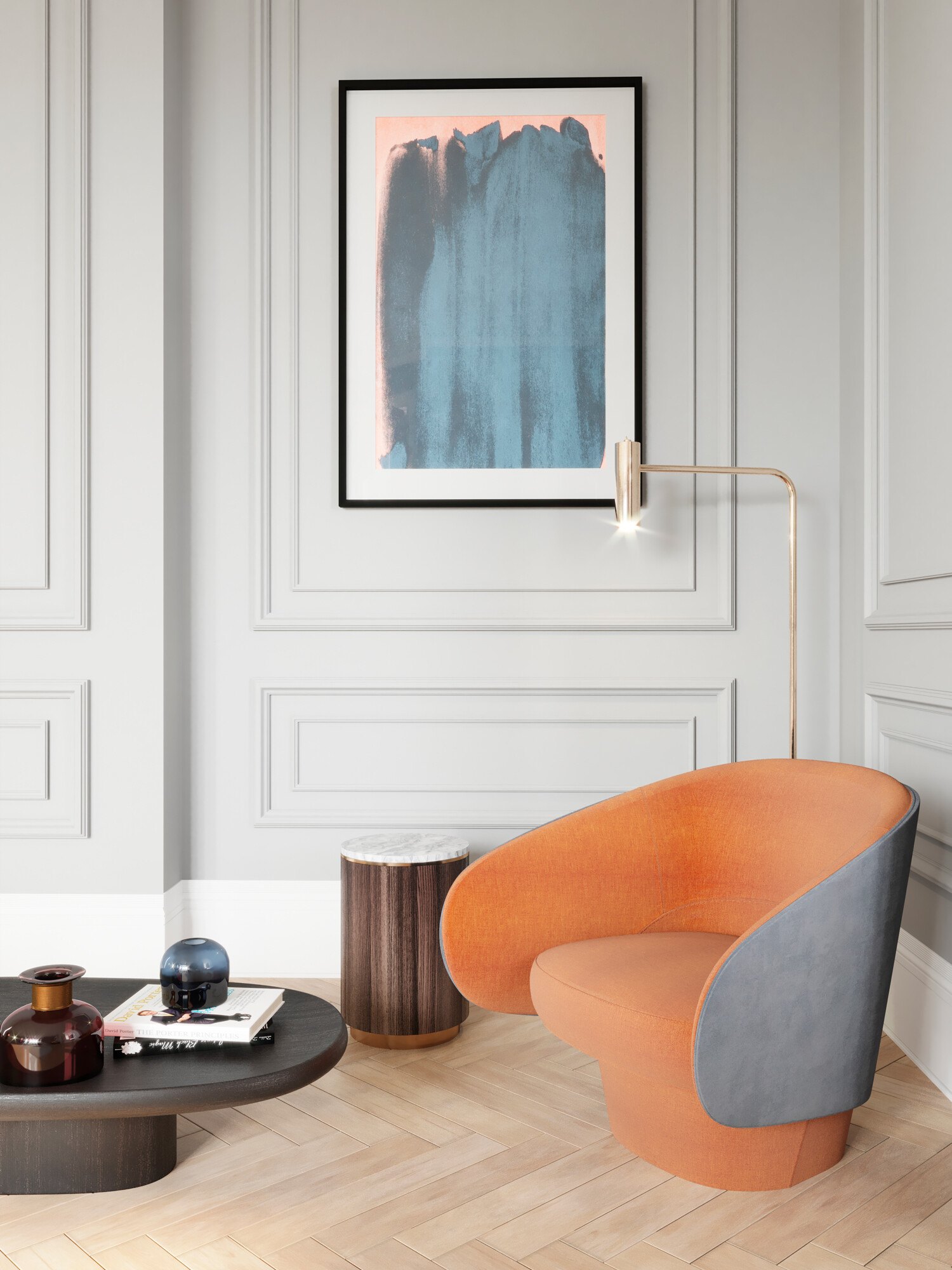 Broadwater House living room detail CGI with panelled walls and sculptural armchair, Royal Tunbridge Wells, by HDEY